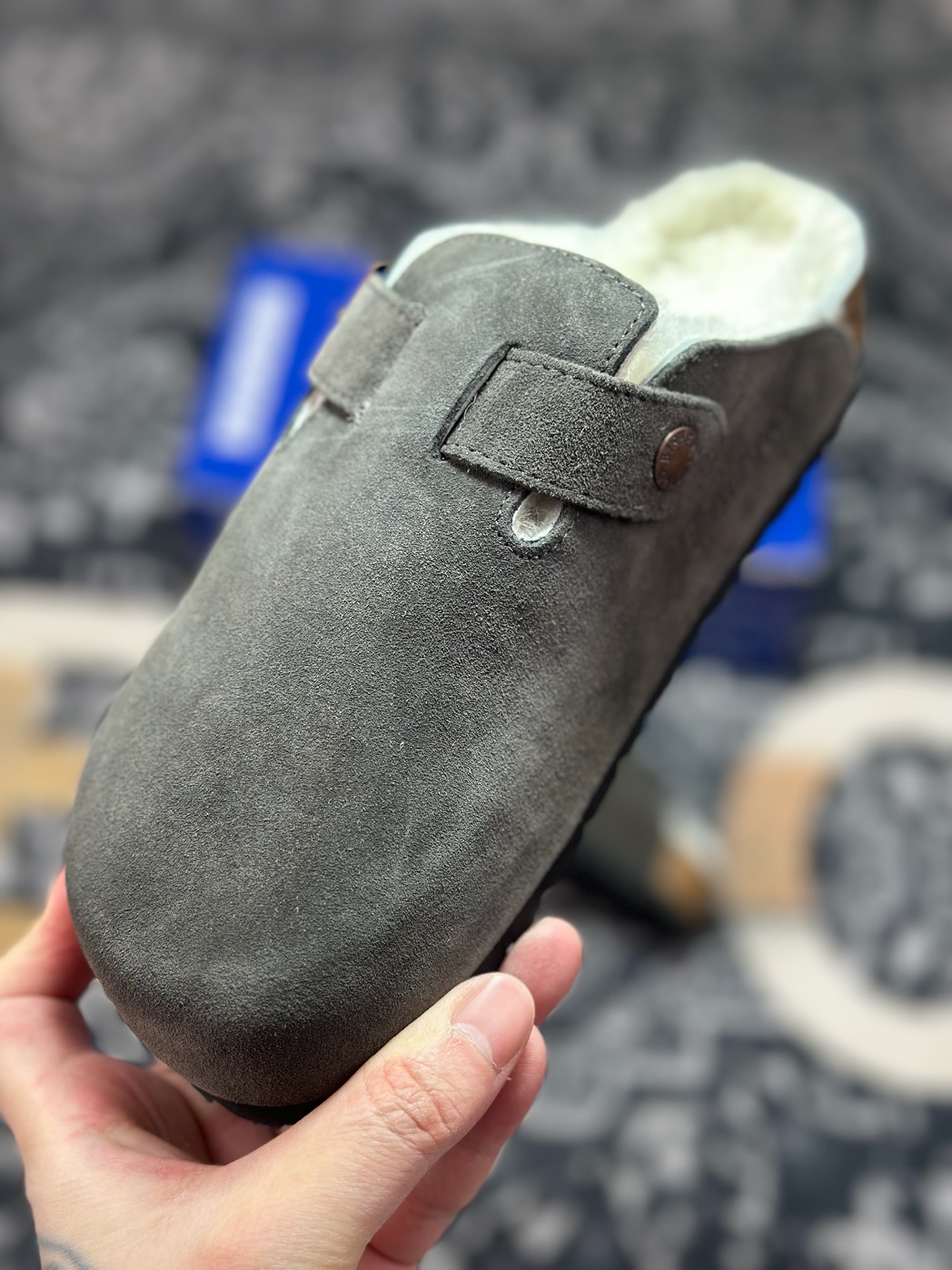 原装级别 勃肯 深灰色加毛懒人拖鞋 博肯Birkenstock Birkenstock London Suede Leather 伦敦系列包头平底复古软木底休闲拖鞋