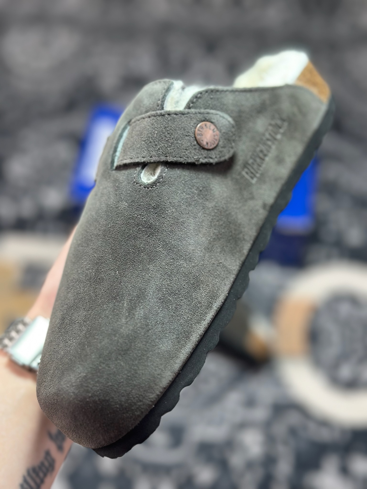 原装级别 勃肯 深灰色加毛懒人拖鞋 博肯Birkenstock Birkenstock London Suede Leather 伦敦系列包头平底复古软木底休闲拖鞋