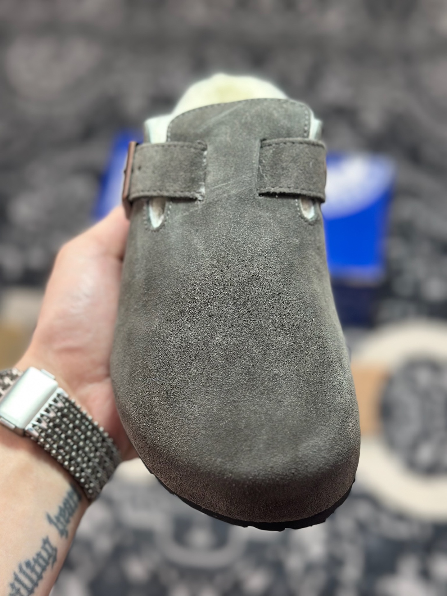 原装级别 勃肯 深灰色加毛懒人拖鞋 博肯Birkenstock Birkenstock London Suede Leather 伦敦系列包头平底复古软木底休闲拖鞋