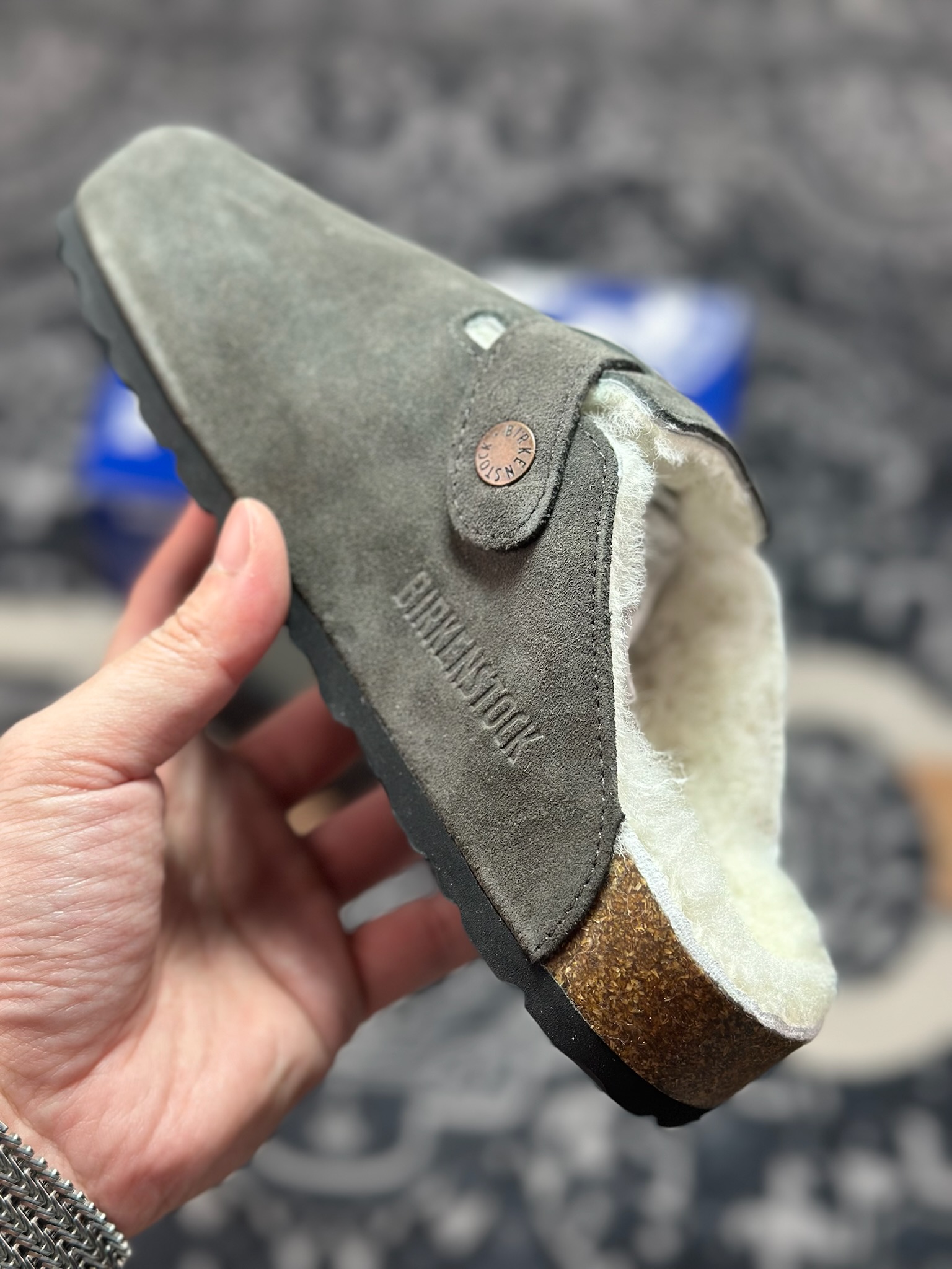 原装级别 勃肯 深灰色加毛懒人拖鞋 博肯Birkenstock Birkenstock London Suede Leather 伦敦系列包头平底复古软木底休闲拖鞋