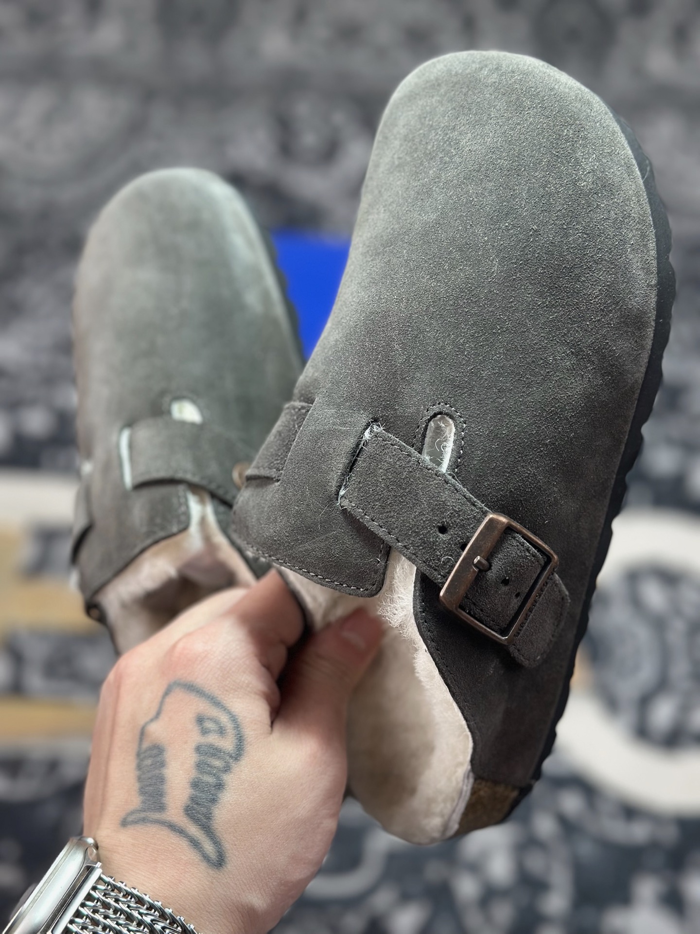 原装级别 勃肯 深灰色加毛懒人拖鞋 博肯Birkenstock Birkenstock London Suede Leather 伦敦系列包头平底复古软木底休闲拖鞋