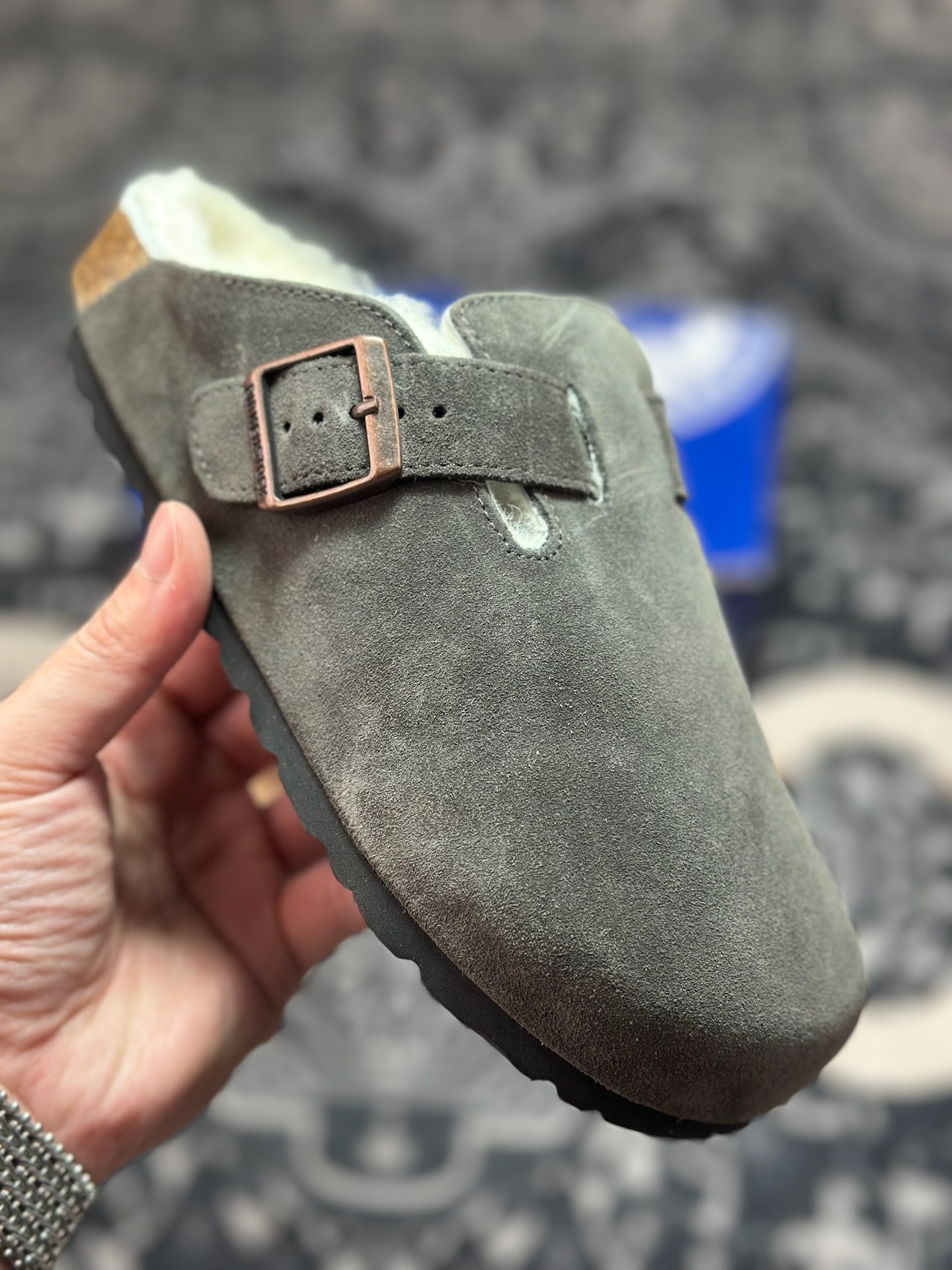 原装级别 勃肯 深灰色加毛懒人拖鞋 博肯Birkenstock Birkenstock London Suede Leather 伦敦系列包头平底复古软木底休闲拖鞋