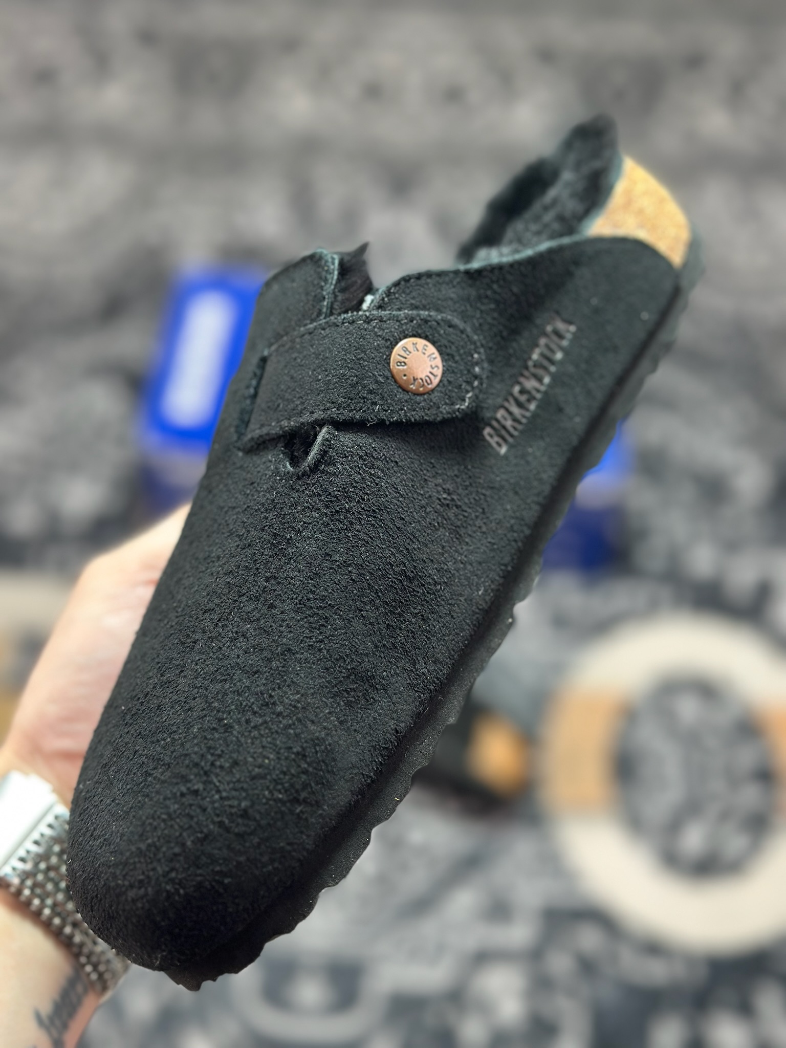 B1240 原装级别 勃肯 黑色加毛懒人拖鞋 博肯Birkenstock Birkenstock London Suede Leather 伦敦系列包头平底复古软木底休闲拖鞋