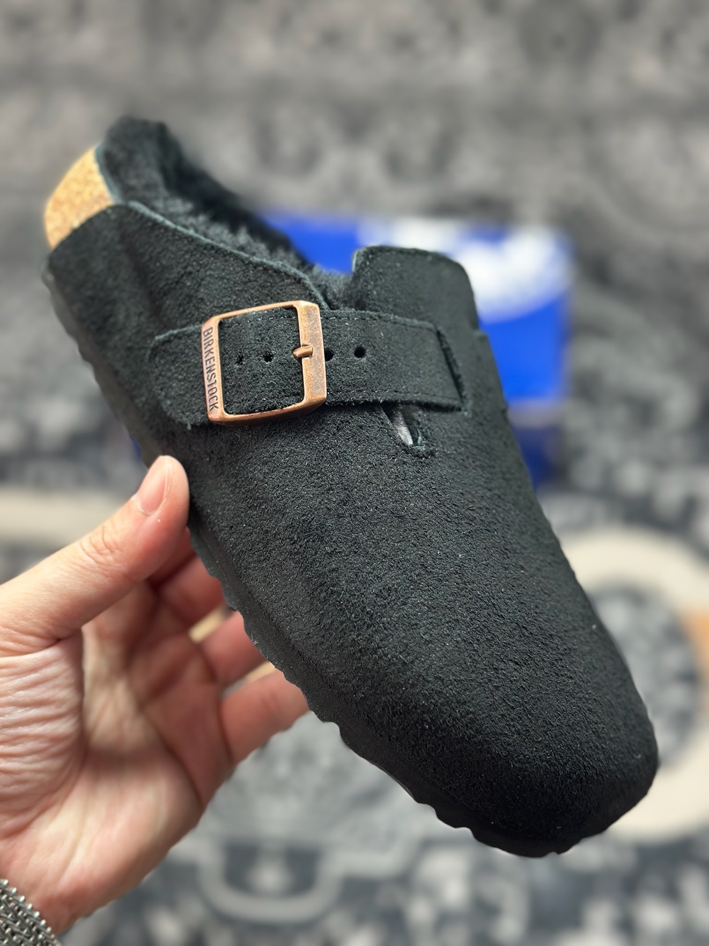 B1240 原装级别 勃肯 黑色加毛懒人拖鞋 博肯Birkenstock Birkenstock London Suede Leather 伦敦系列包头平底复古软木底休闲拖鞋