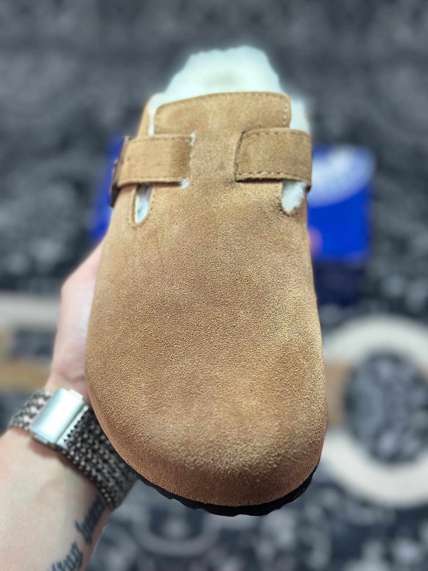 原装级别 勃肯 棕色加毛懒人拖鞋 博肯Birkenstock Birkenstock London Suede Leather 伦敦系列包头平底复古软木底休闲拖鞋