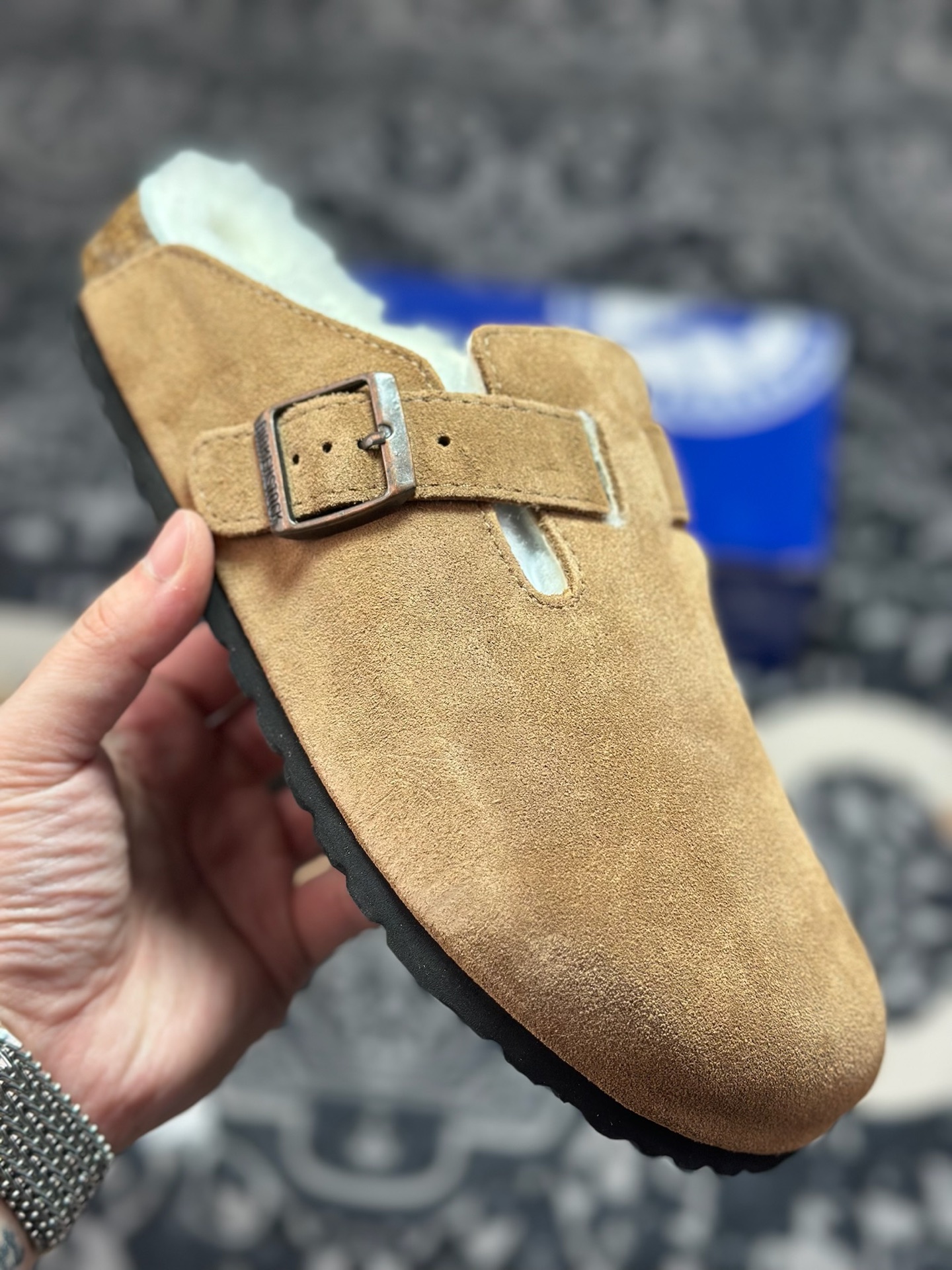 原装级别 勃肯 棕色加毛懒人拖鞋 博肯Birkenstock Birkenstock London Suede Leather 伦敦系列包头平底复古软木底休闲拖鞋