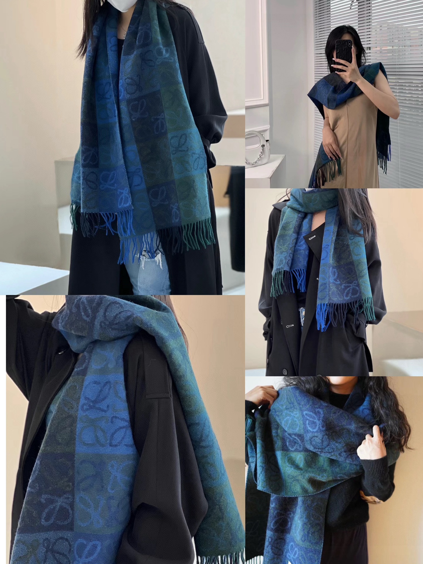 💟罗意威LOEWE最火围巾，冷色系围巾，男女同款，一个深咖冷热系，一个温柔奶茶系，冰川蓝，孔雀蓝绿色，灰
