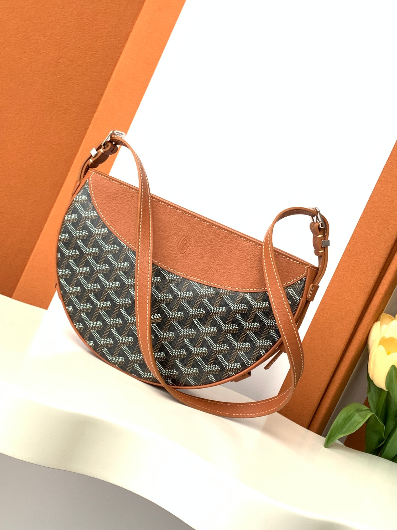 HIRONDELLE Half-Moon Bag Canvas Calfskin Shoulder Bag