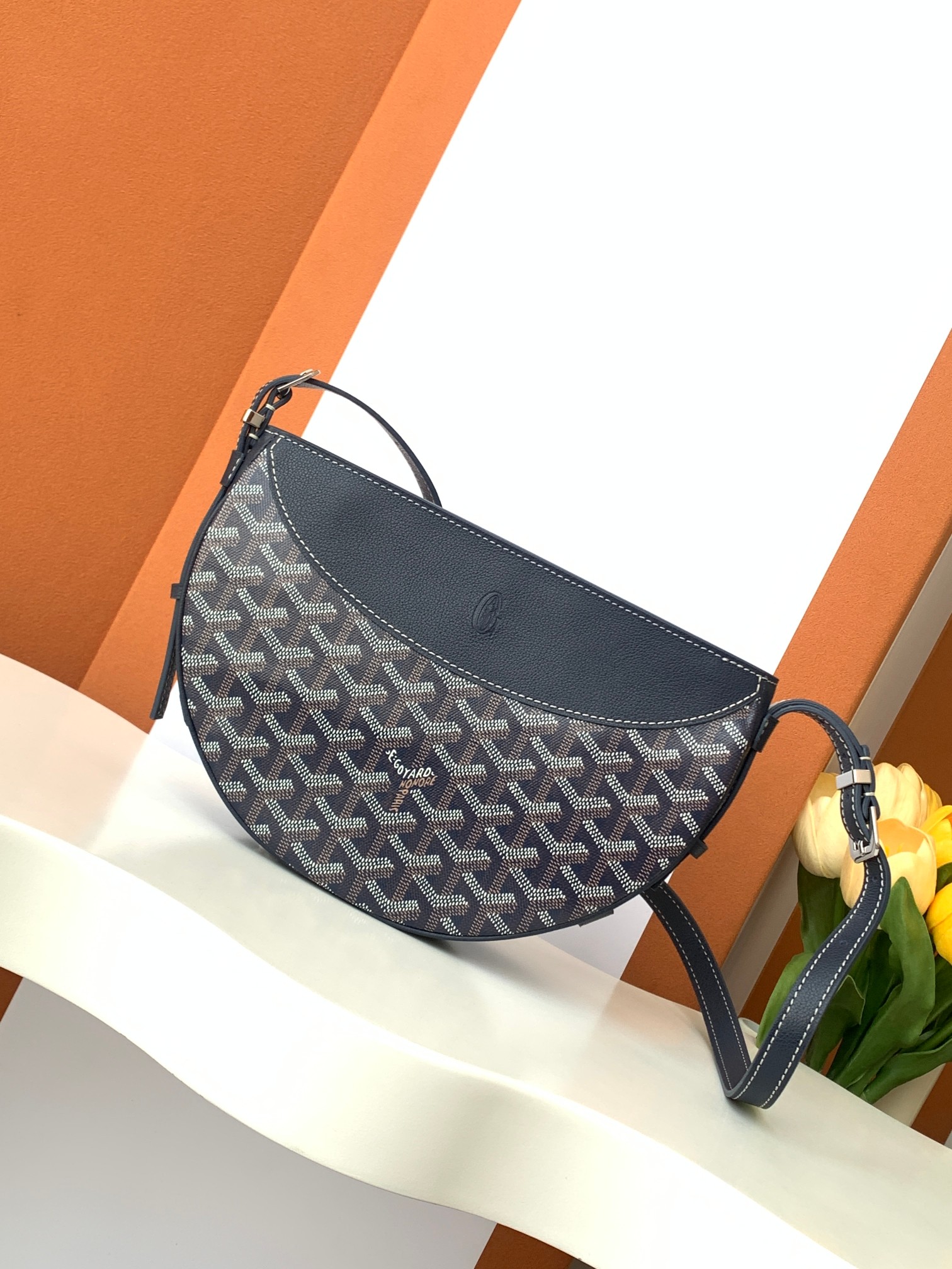 HIRONDELLE Half-Moon Bag Canvas Calfskin Shoulder Bag