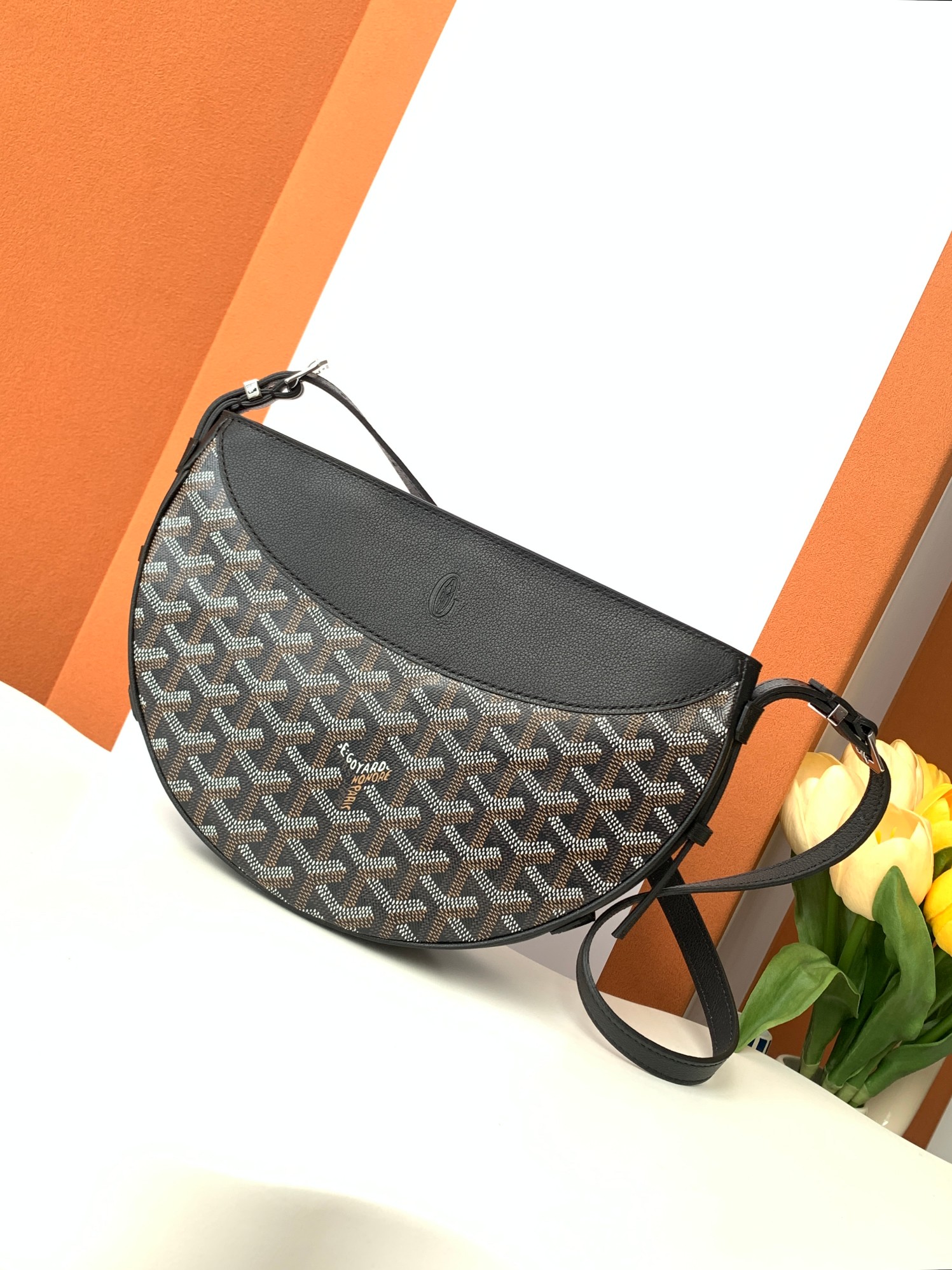 HIRONDELLE Half-Moon Bag Canvas Calfskin Shoulder Bag
