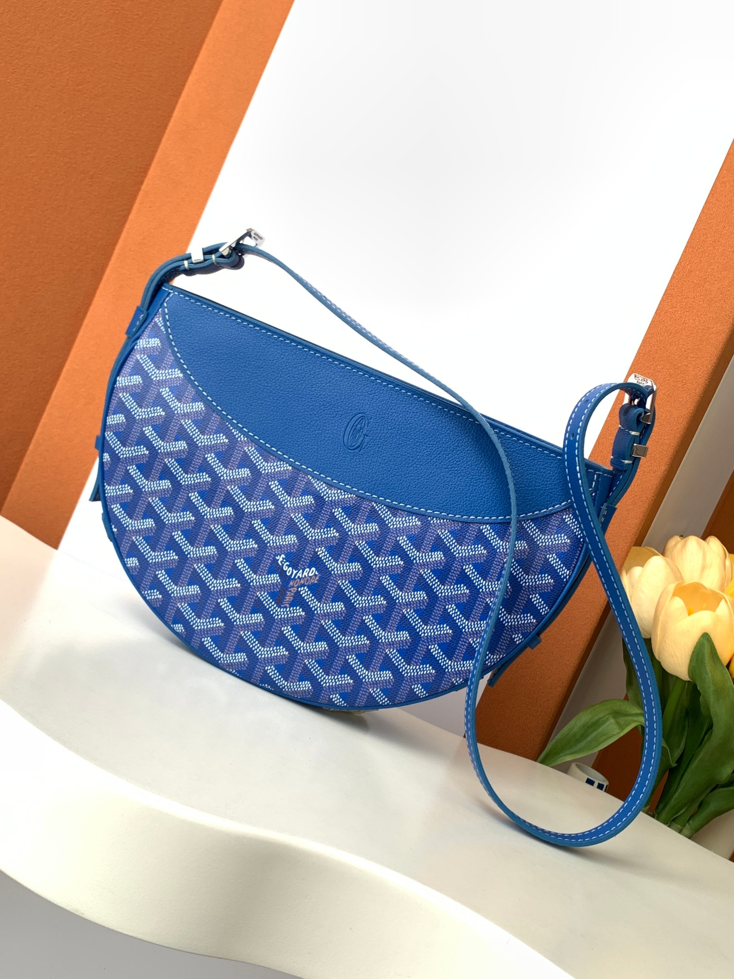 HIRONDELLE Half-Moon Bag Canvas Calfskin Shoulder Bag
