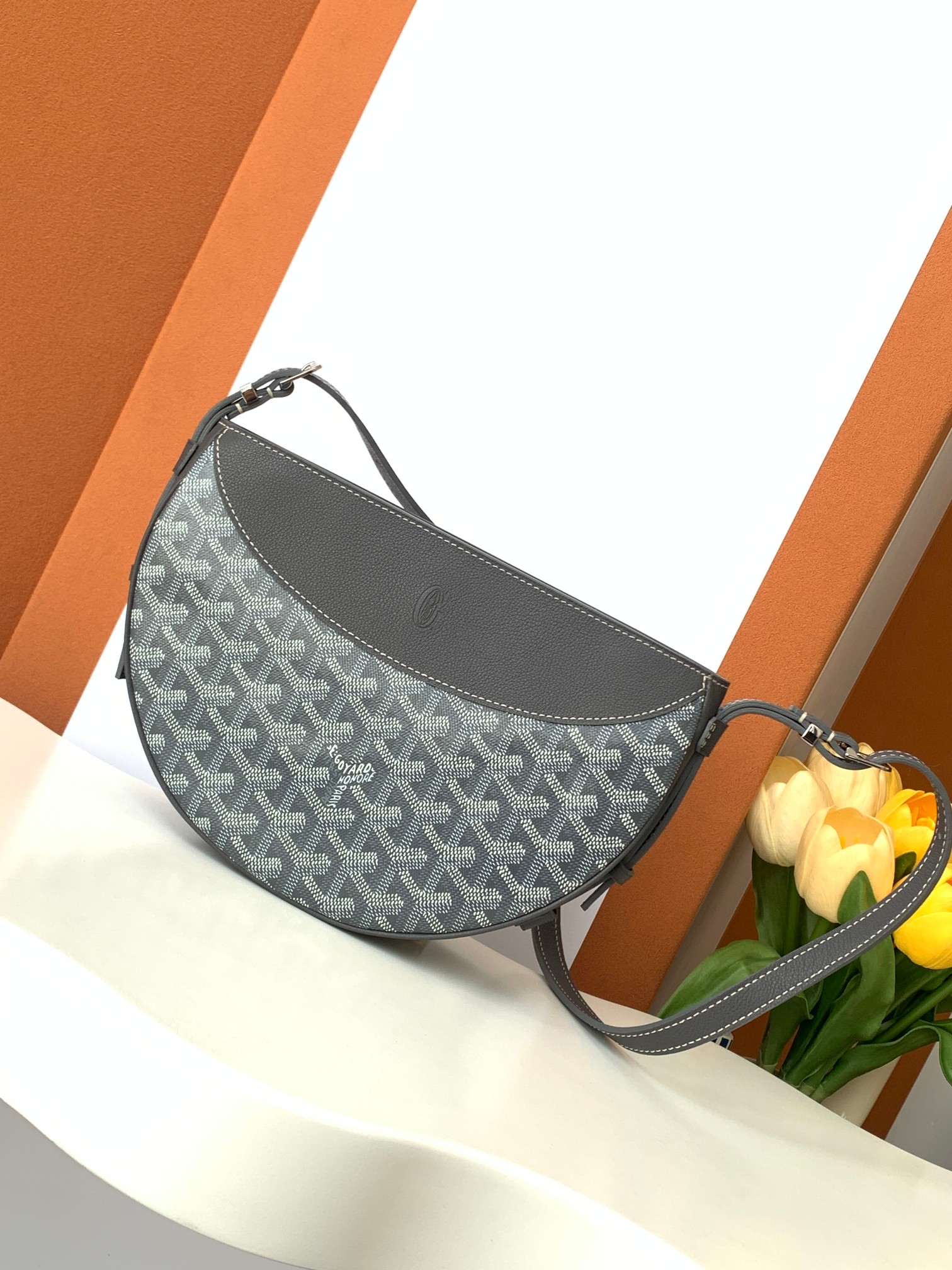 HIRONDELLE Half-Moon Bag Canvas Calfskin Shoulder Bag