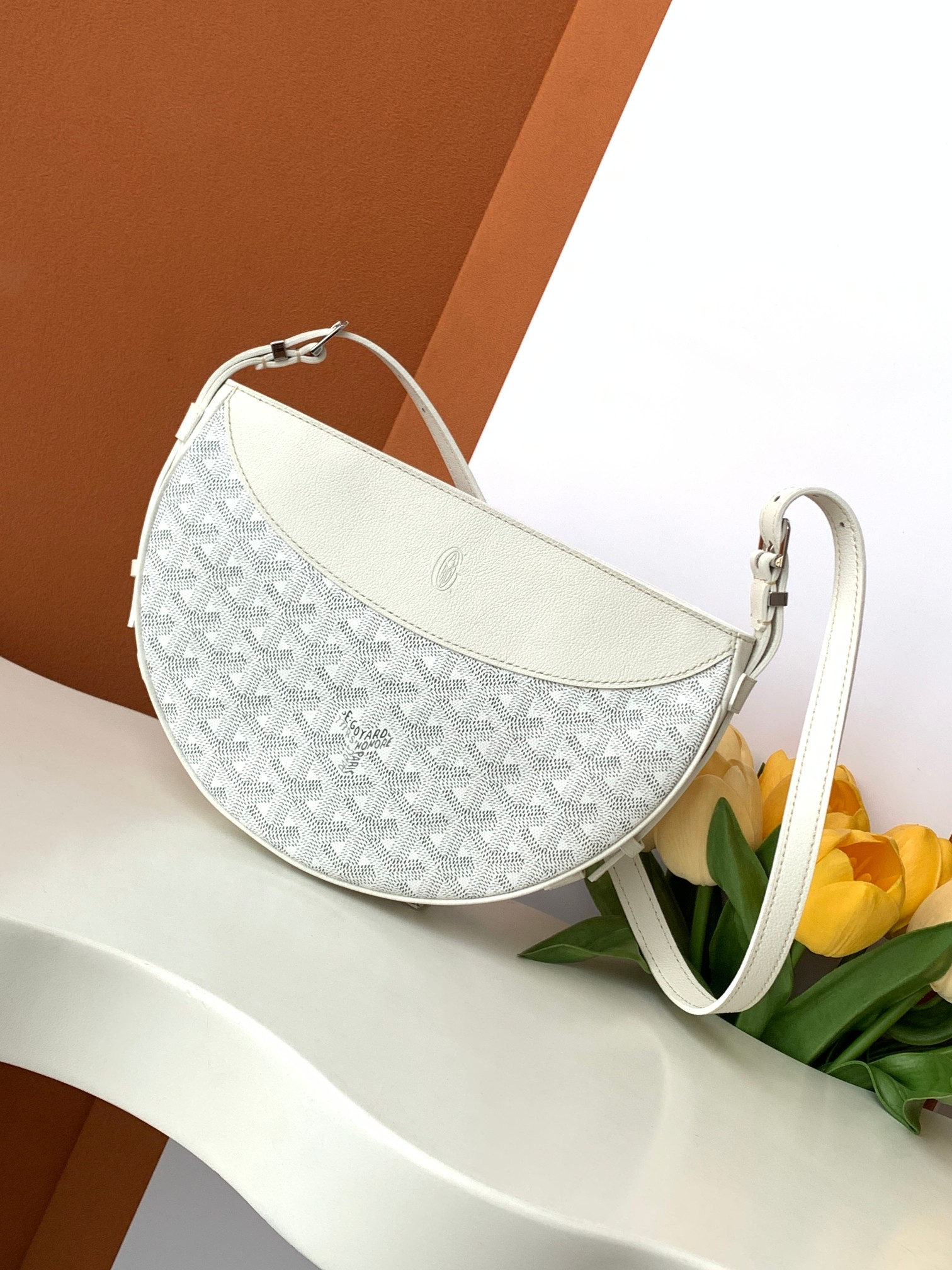 HIRONDELLE Half-Moon Bag Canvas Calfskin Shoulder Bag