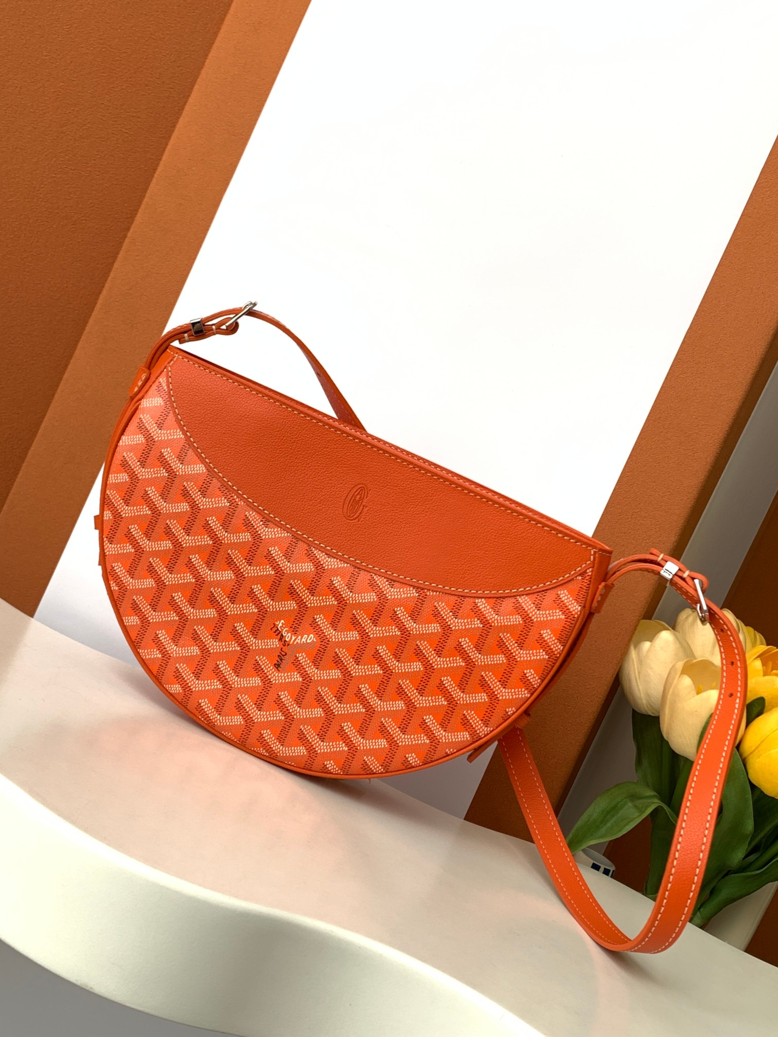 HIRONDELLE Half-Moon Bag Canvas Calfskin Shoulder Bag