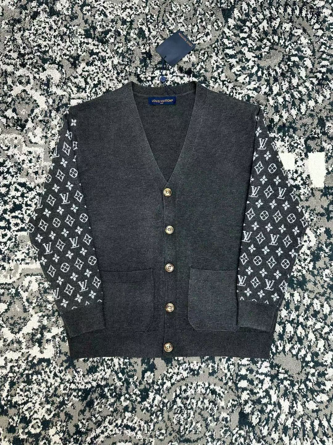 LV Grey Monogram Sleeve Knit Cardigan
