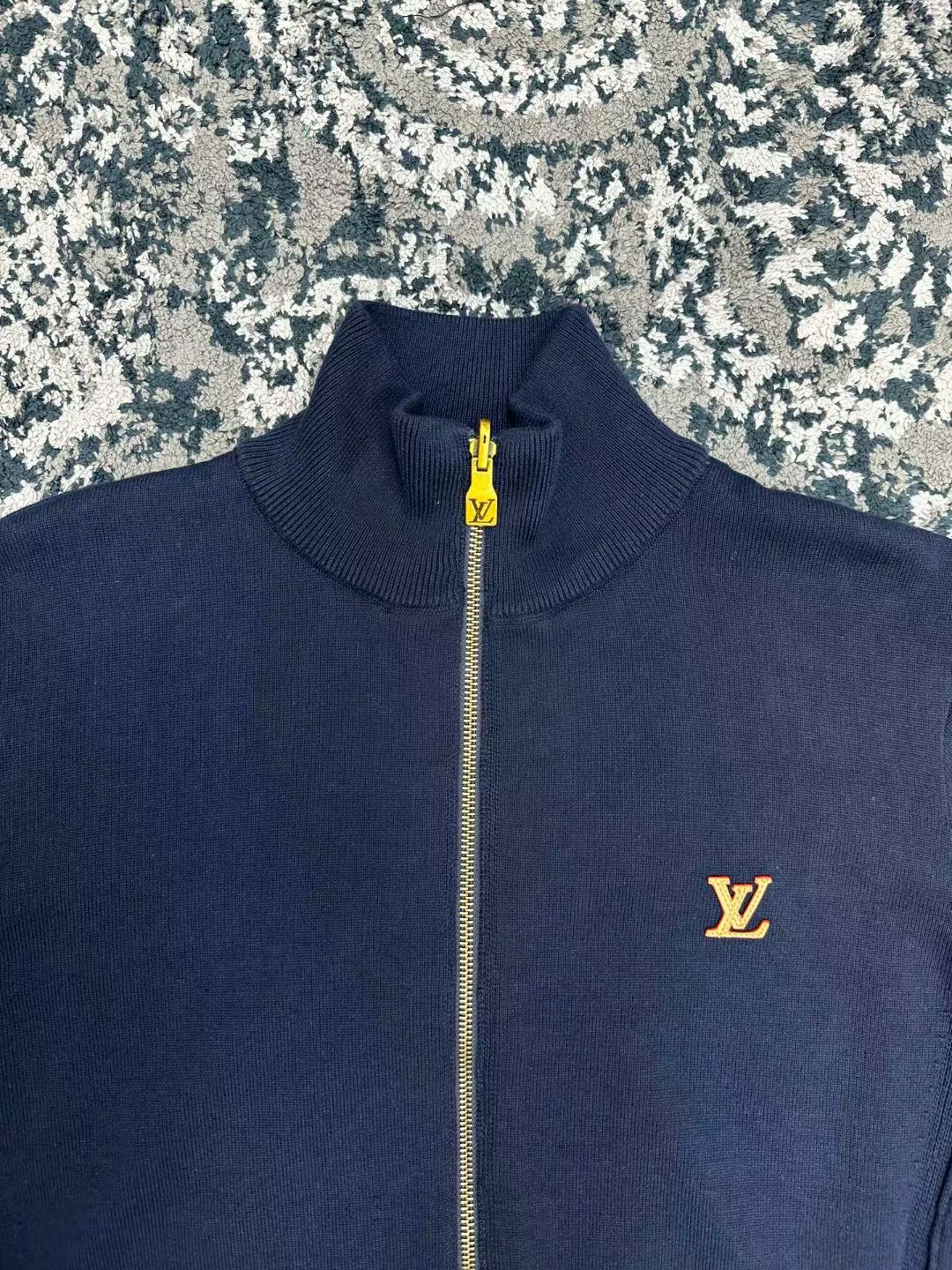 LV Navy Gold Logo Zip Knit Jacket