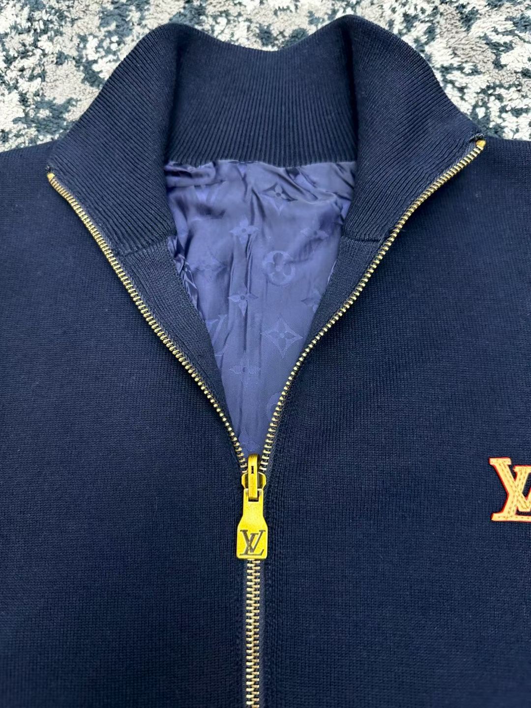 LV Navy Gold Logo Zip Knit Jacket