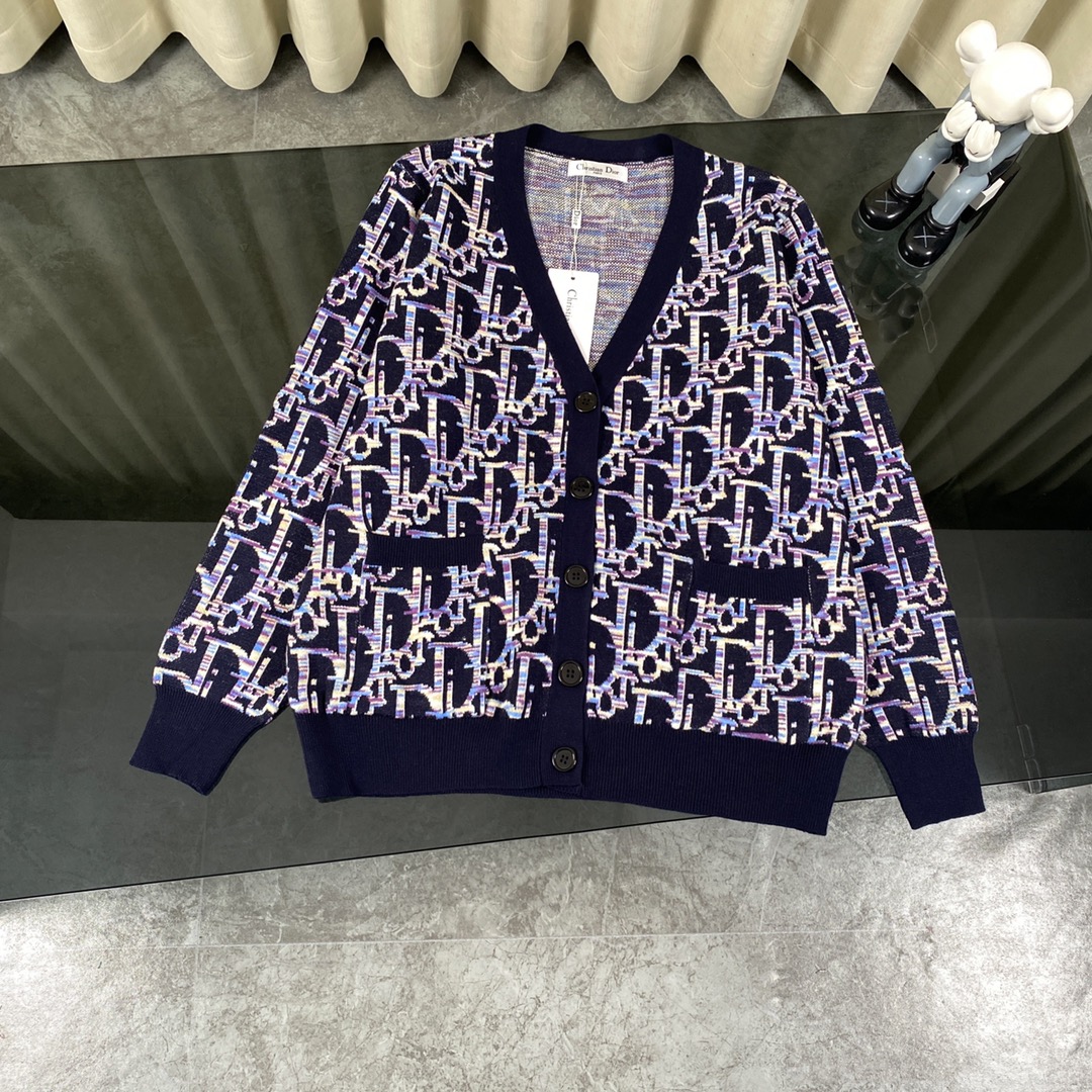 Dior 2024s Blue Wool Pheasant V-Collar Coat with Oblique Print – Gender Equality - 图片 1
