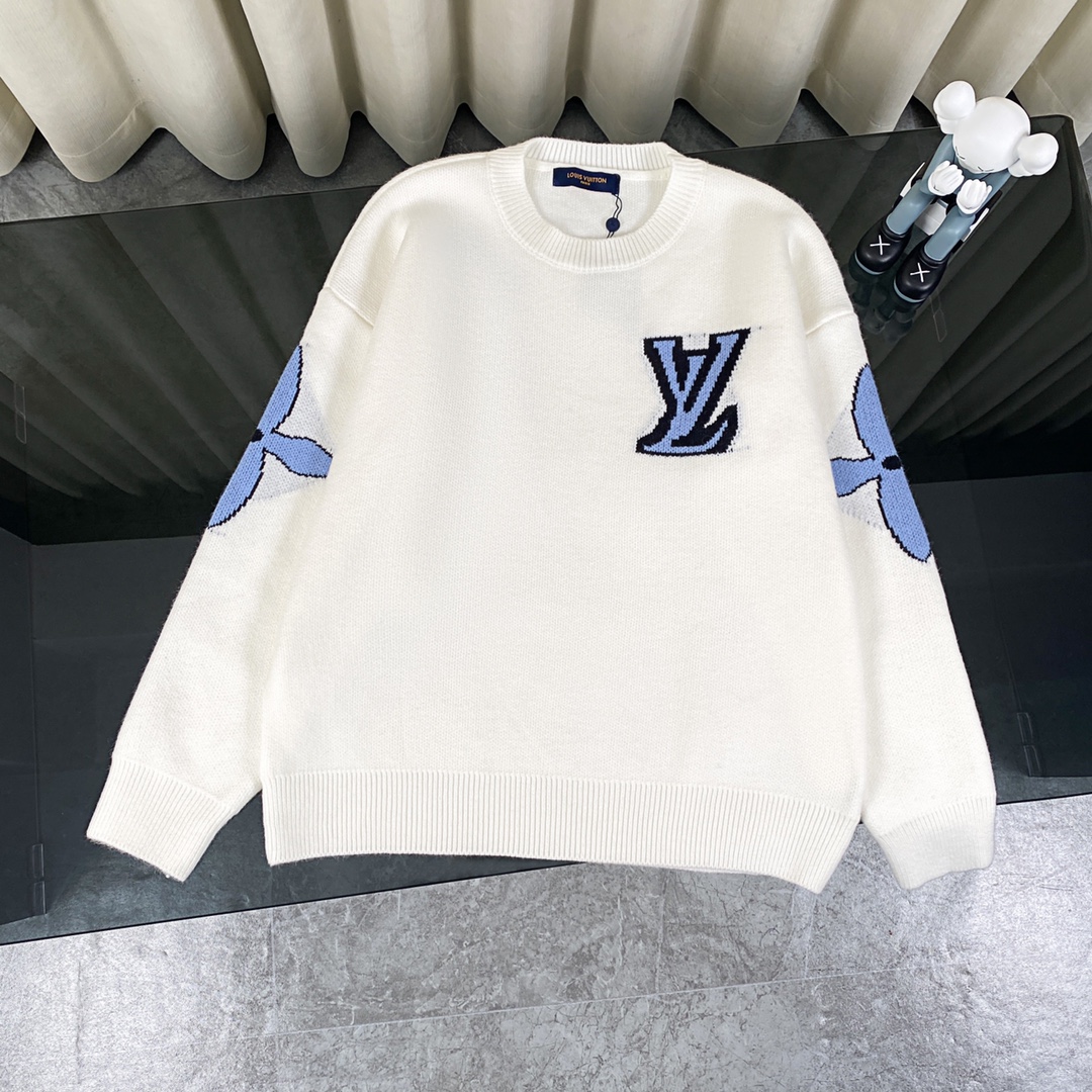 LV Classic Wool Sweater with Floral Detail in Grey and White, Sizes S-L - 图片 1