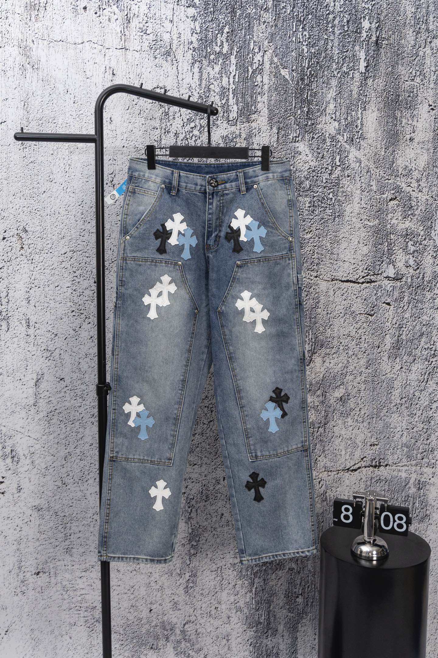 Chrome Hearts Denim Werkbroek met Kruis Patches - Blauw, Vintage Stijl