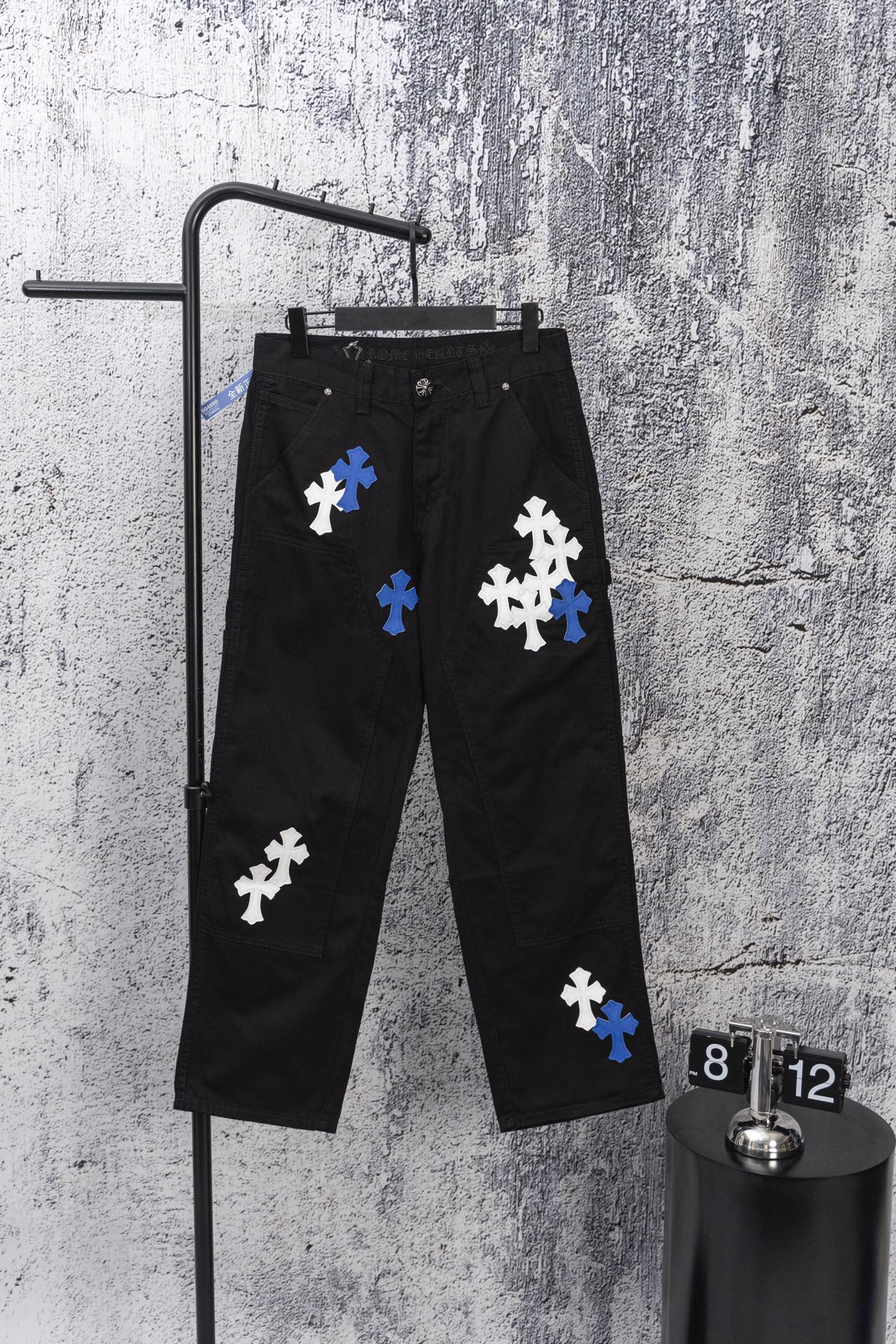 Chrome Hearts Blue & White Cross Patch Black Carpenter Denim Pants