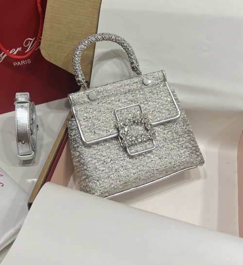 Roger Vivier Silver Fabric Top Handle Bag with Crystal Buckle, 21.5cm 1 Roger Vivier Silver Fabric Top Handle Bag with Crystal Buckle, 21.5cm