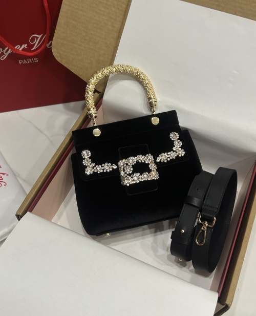 Roger Vivier Velvet Handbag with Crystal Buckle and Detachable Strap - Black 1 Roger Vivier Velvet Handbag with Crystal Buckle and Detachable Strap - Black