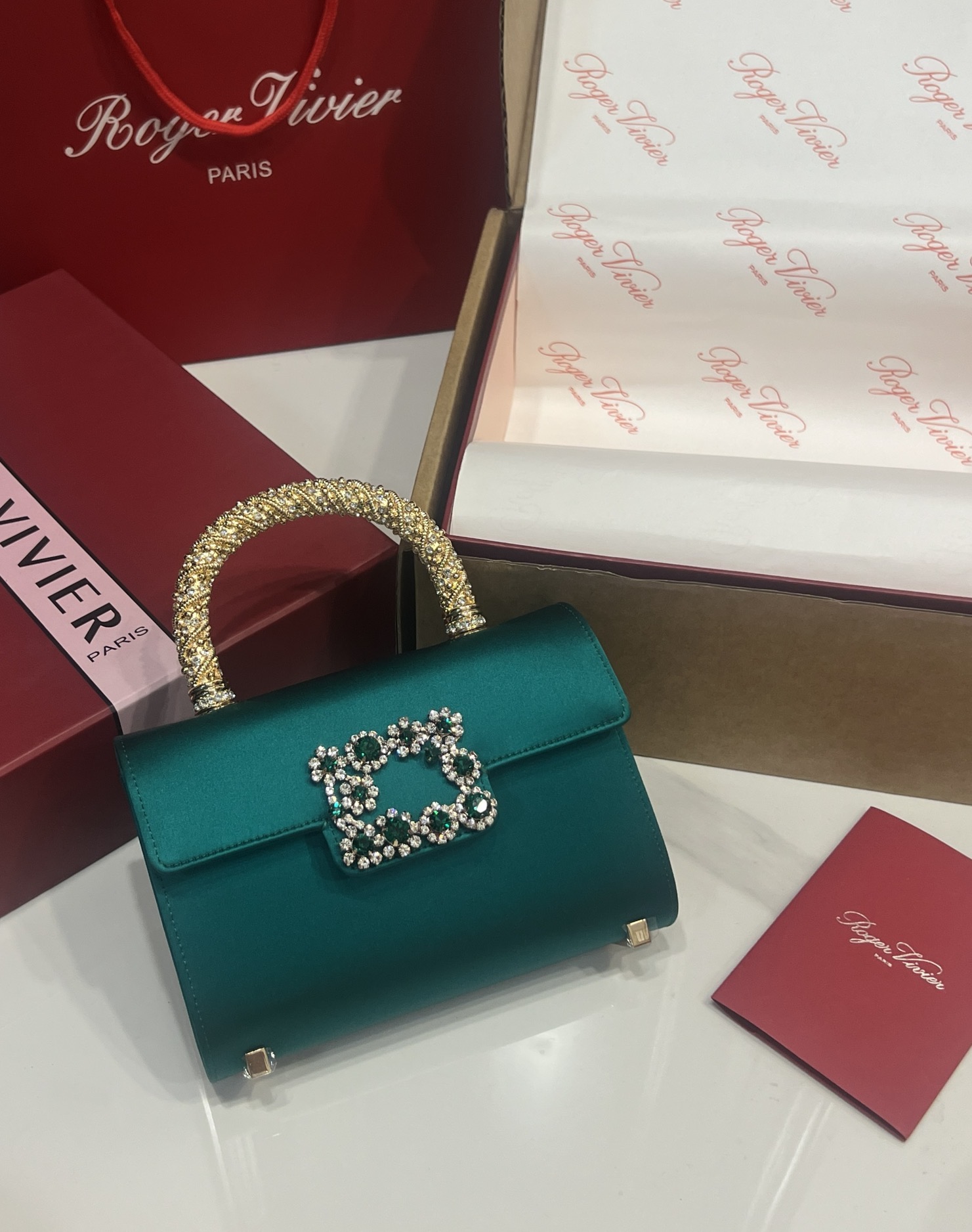 Roger Vivier Emerald Silk Satin Clutch with Crystal Buckle and Top Handle 2 i1751130869698 6179 0 0