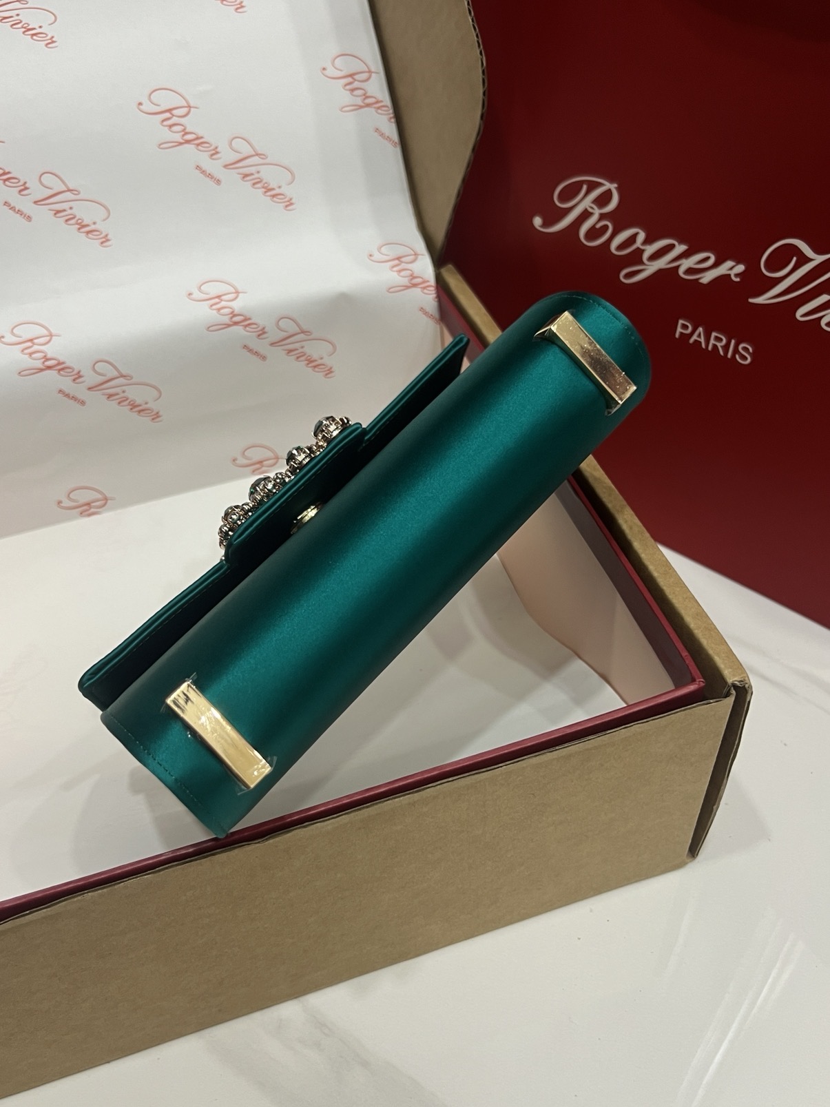 Roger Vivier Emerald Silk Satin Clutch with Crystal Buckle and Top Handle 9 i1751130869699 1791 0 7