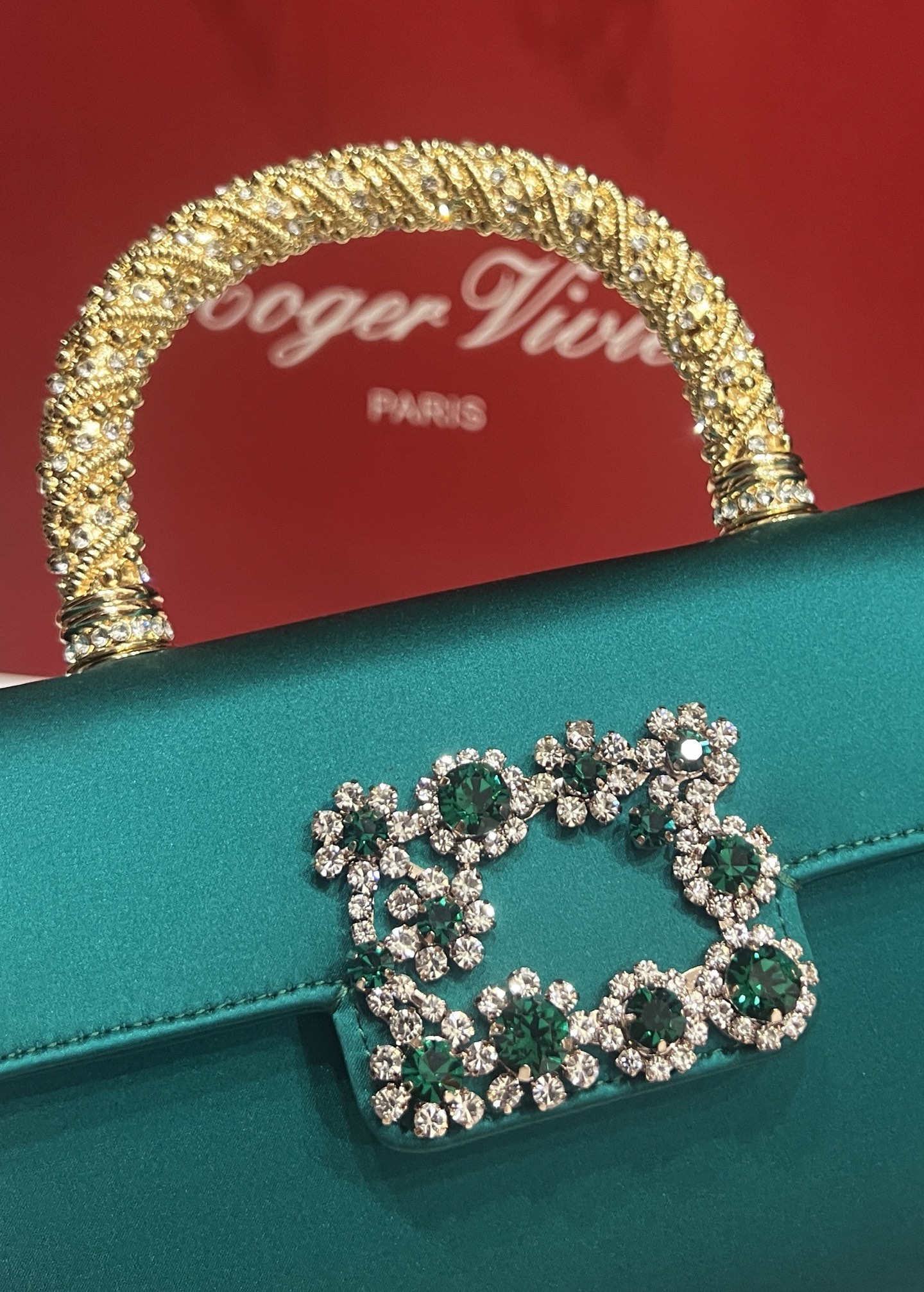 Roger Vivier Emerald Silk Satin Clutch with Crystal Buckle and Top Handle 8 i1751130870341 4417 0 6