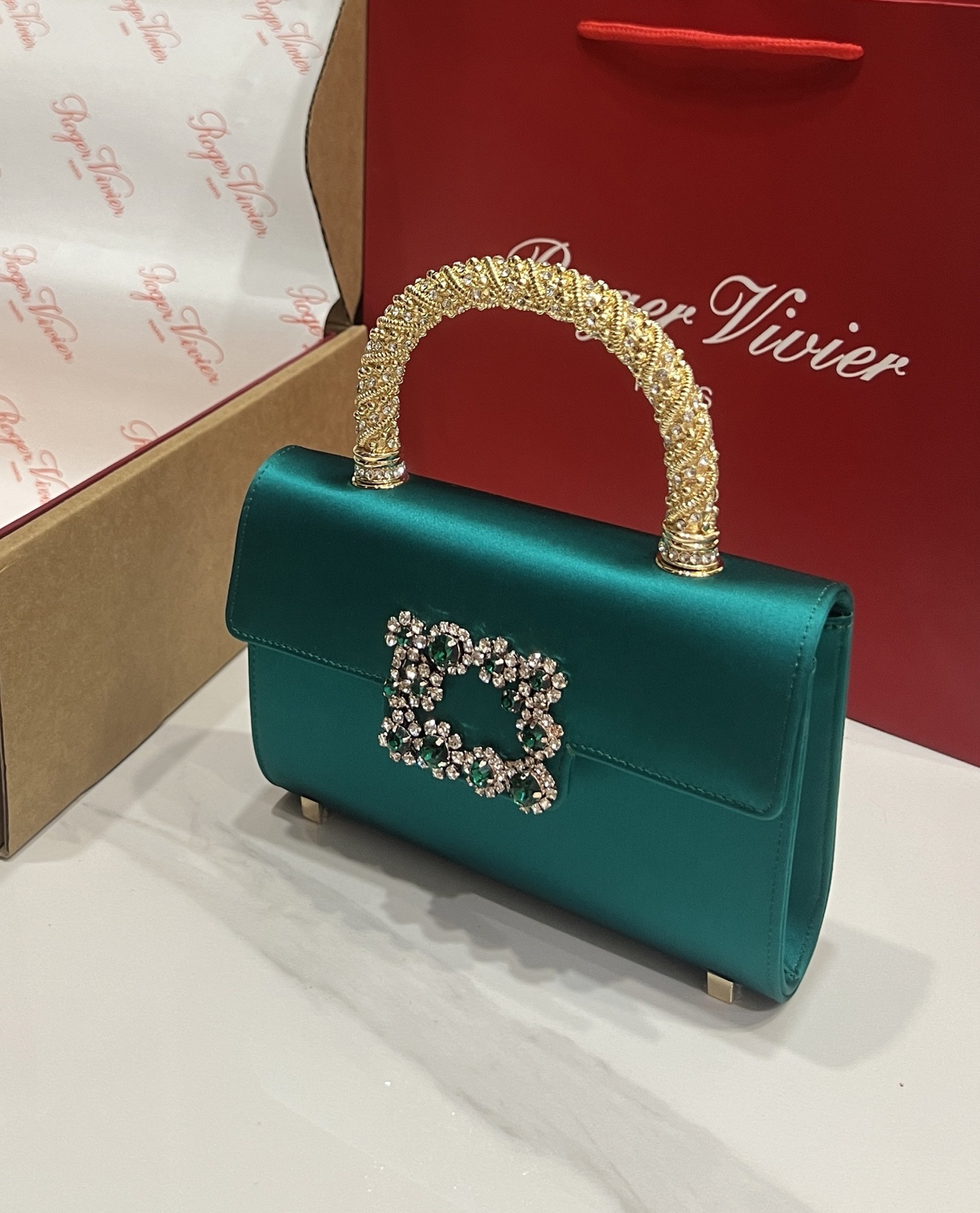 Roger Vivier Emerald Silk Satin Clutch with Crystal Buckle and Top Handle 4 i1751130870358 2553 0 2