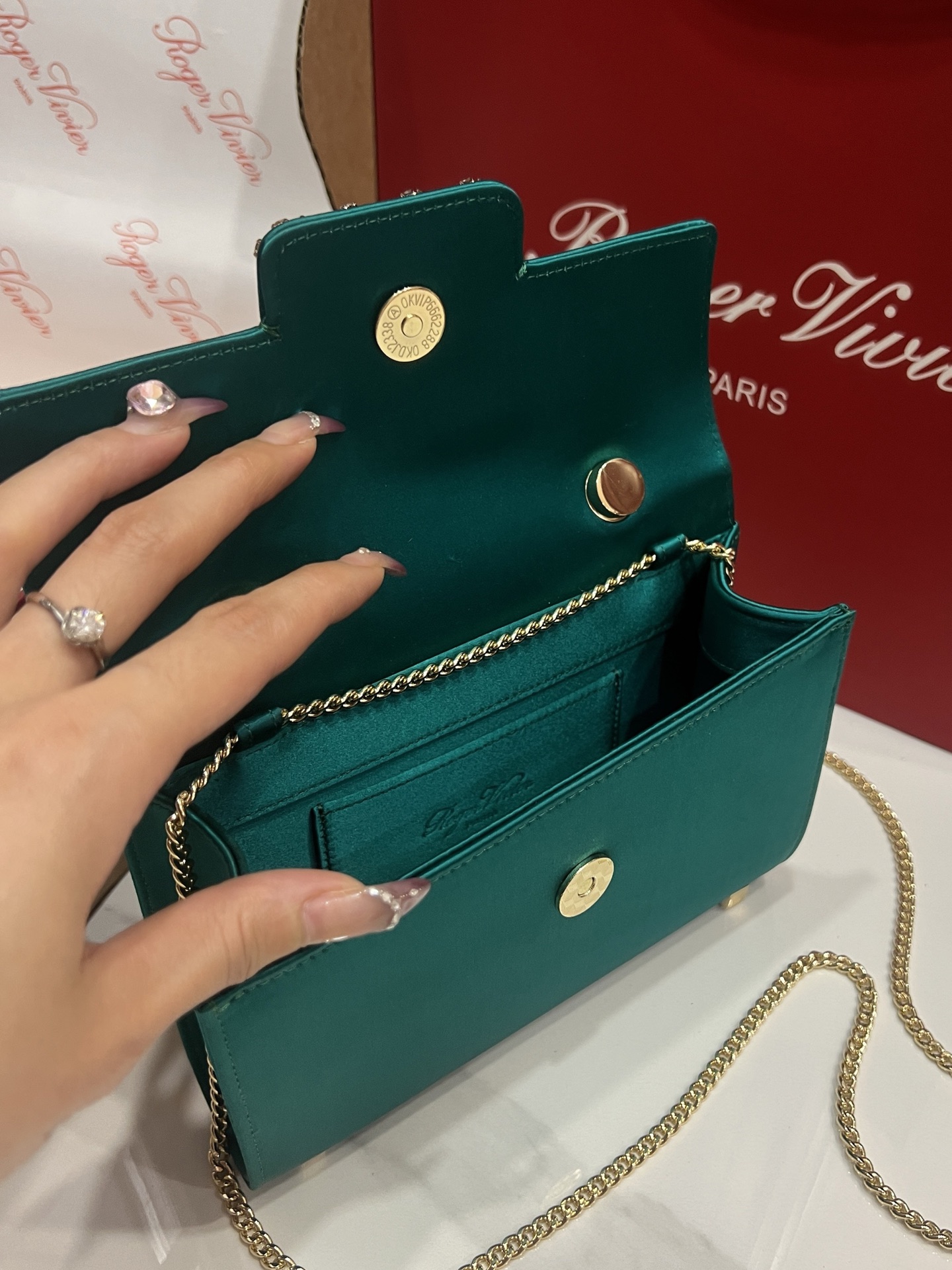 Roger Vivier Emerald Silk Satin Clutch with Crystal Buckle and Top Handle 10 i1751130870454 8634 0 8