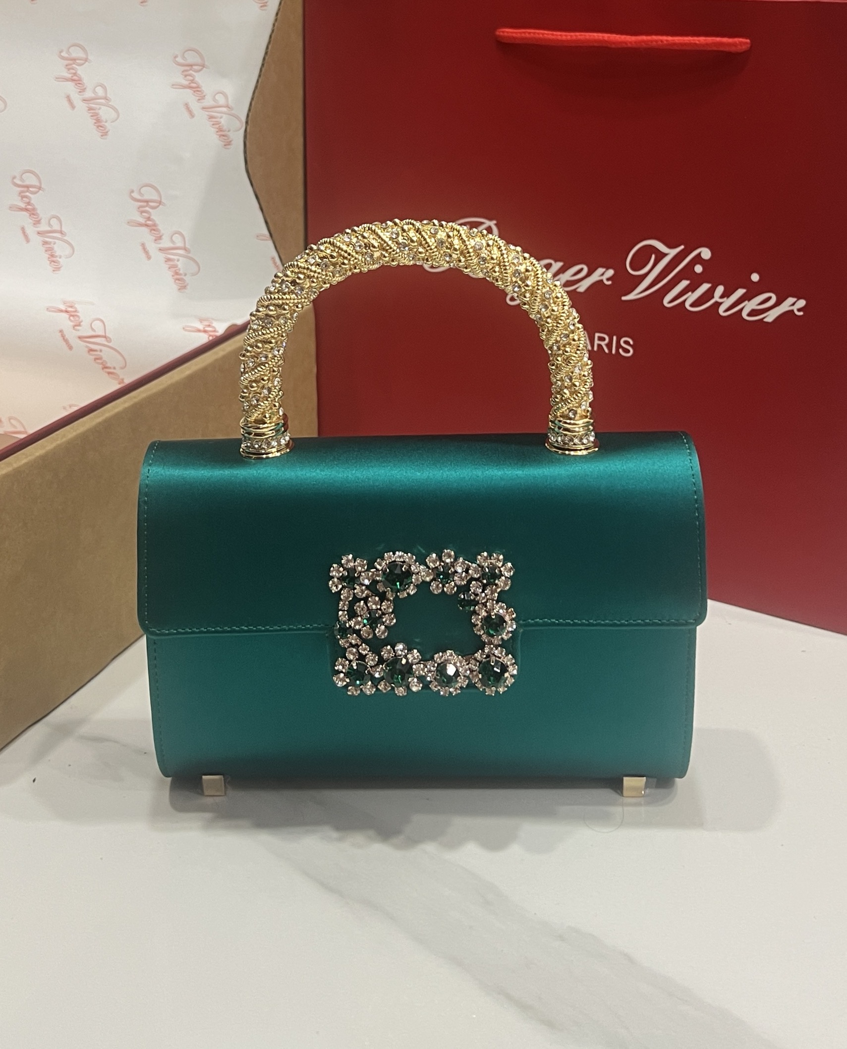 Roger Vivier Emerald Silk Satin Clutch with Crystal Buckle and Top Handle 5 i1751130871144 5187 0 3