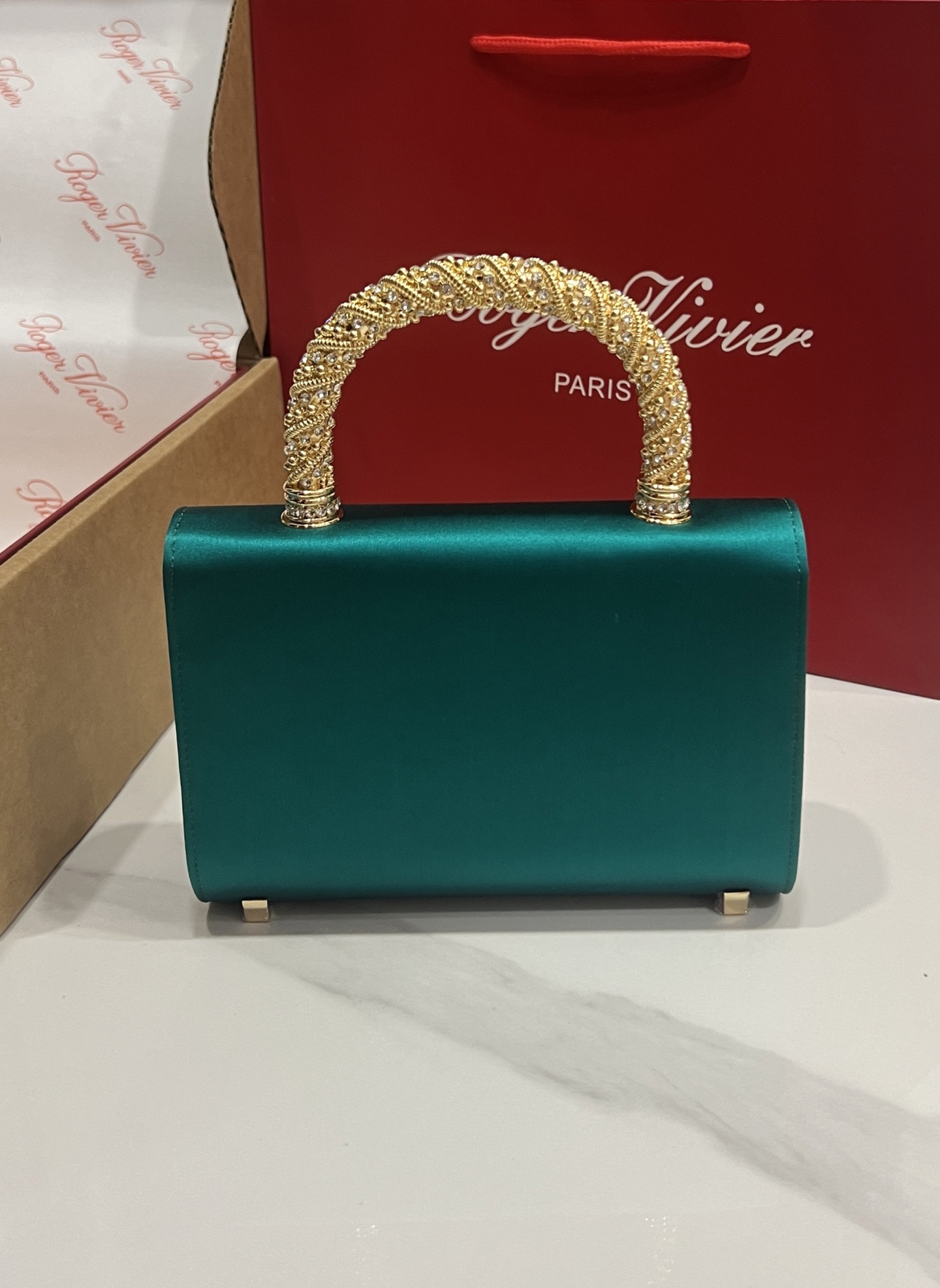 Roger Vivier Emerald Silk Satin Clutch with Crystal Buckle and Top Handle 7 i1751130871577 2940 0 5