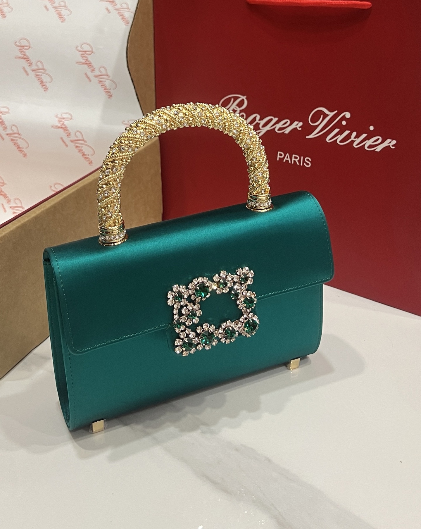 Roger Vivier Emerald Silk Satin Clutch with Crystal Buckle and Top Handle 3 i1751130871604 1163 0 1