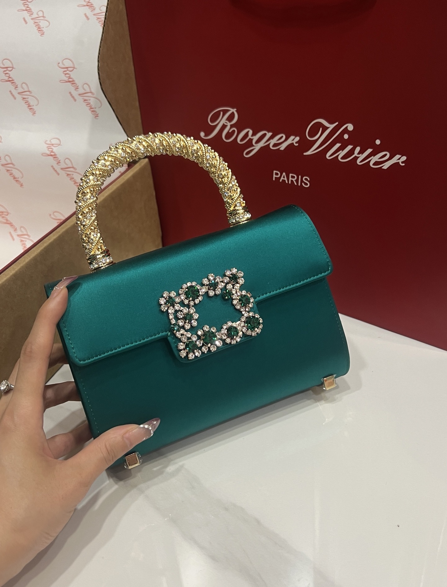 Roger Vivier Emerald Silk Satin Clutch with Crystal Buckle and Top Handle 6 i1751130871645 4478 0 4
