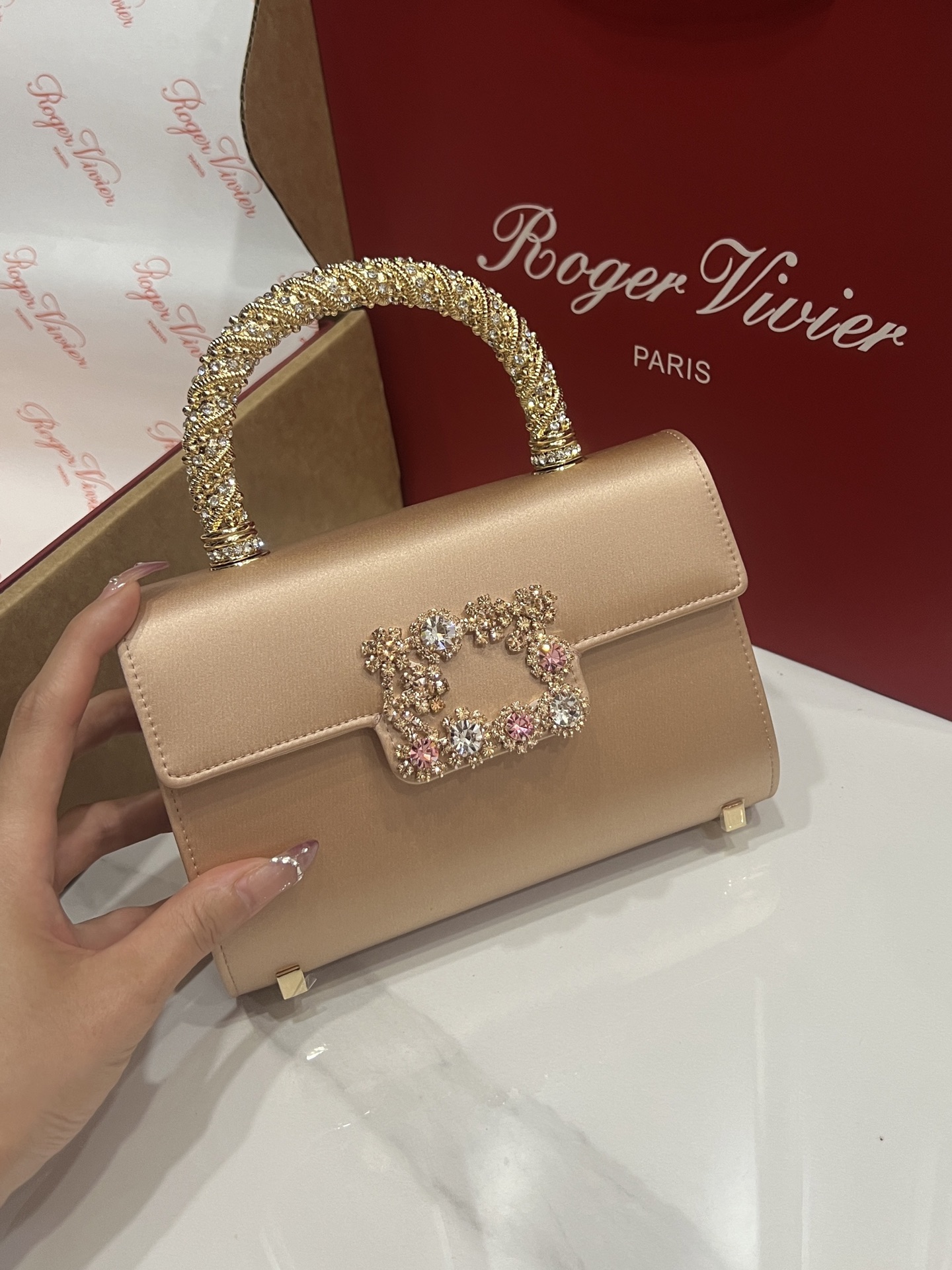 Roger Vivier Crystal Buckle Silk Satin Top Handle Bag - Elegant Clutch 7 i1751131673120 6081 0 5