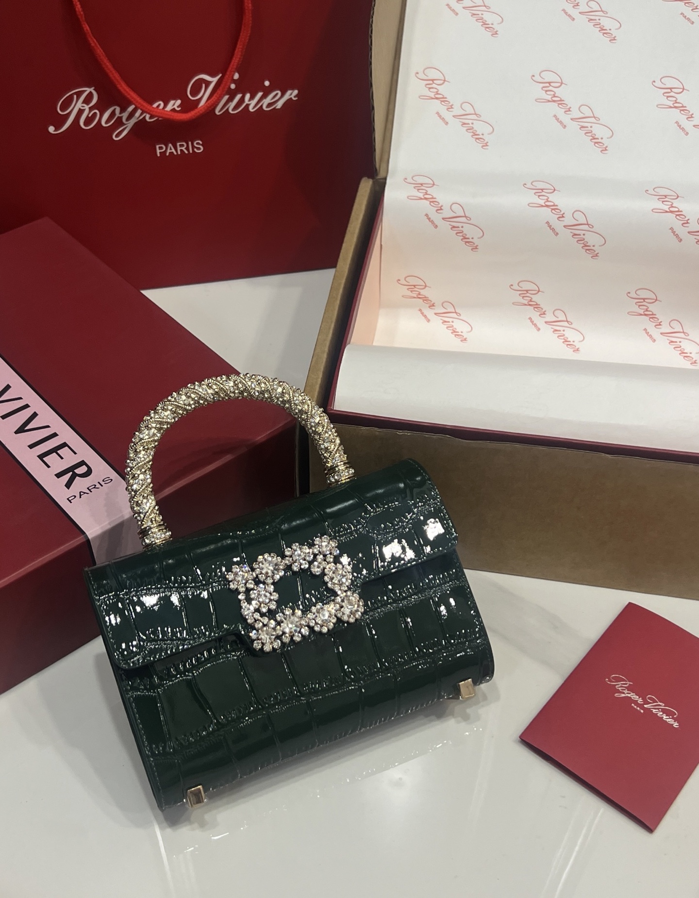 Roger Vivier Vividr Handtas met Kristallen Handvat - Smaragdgroen, 19 x 13 x 4 cm