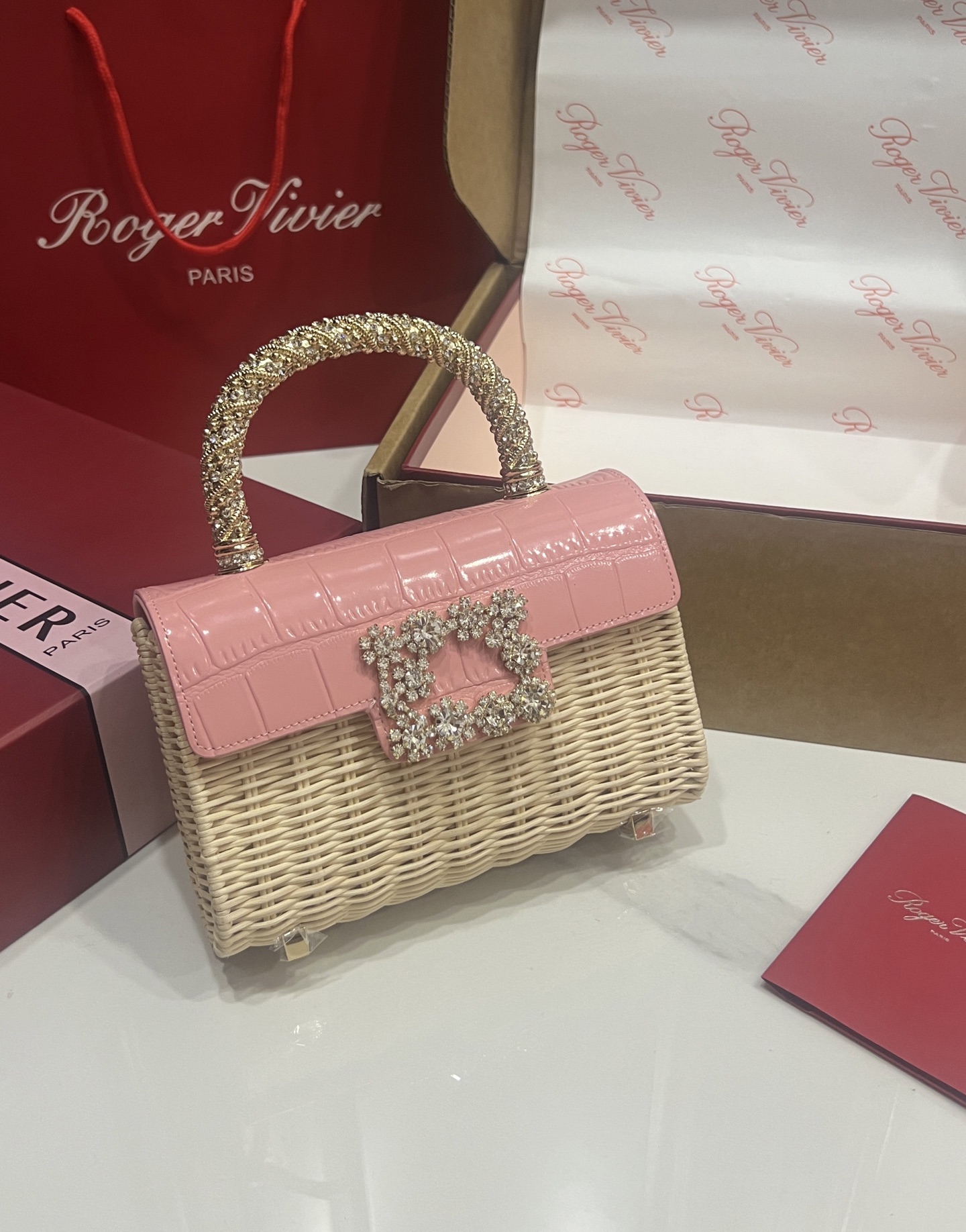 “Roger Vividr Crystal Handbag: Holiday Style with Cow Skin and Water Drills”