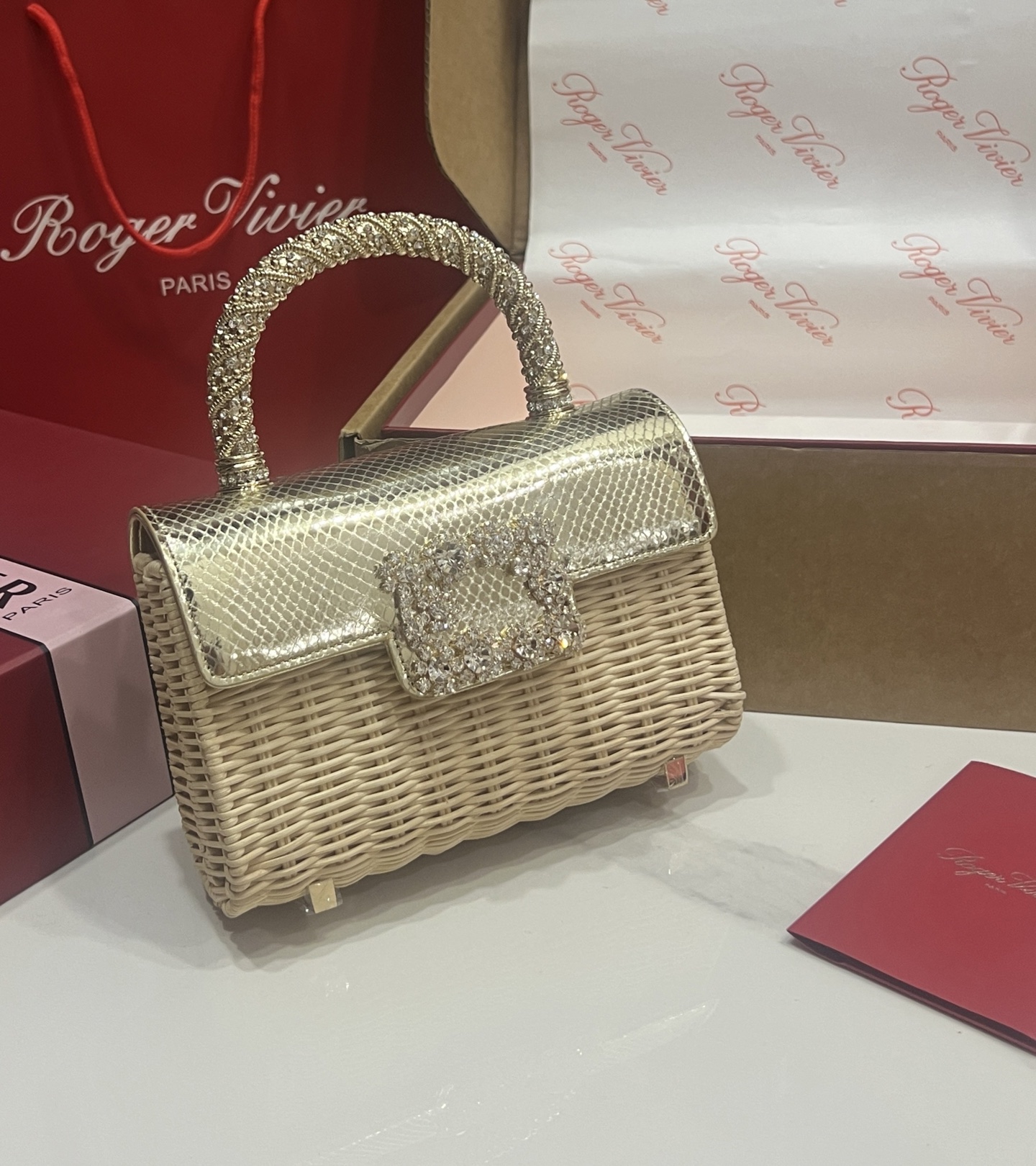 “Roger Vividr Crystal Handbag: Holiday-themed, Cow Skin, Water Drills, Embossed Caps”