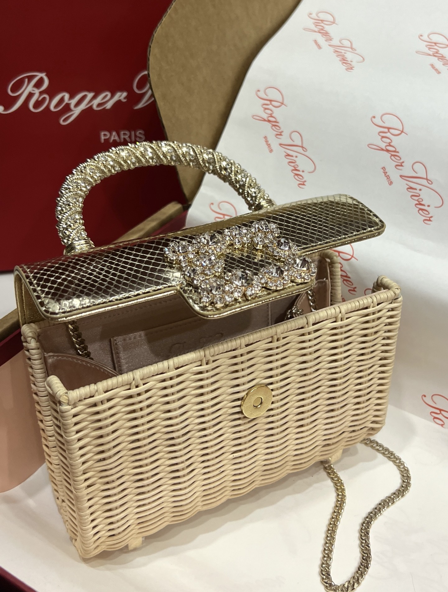 “Roger Vividr Crystal Handbag: Holiday-themed, Cow Skin, Water Drills, Embossed Caps” - 图片 6