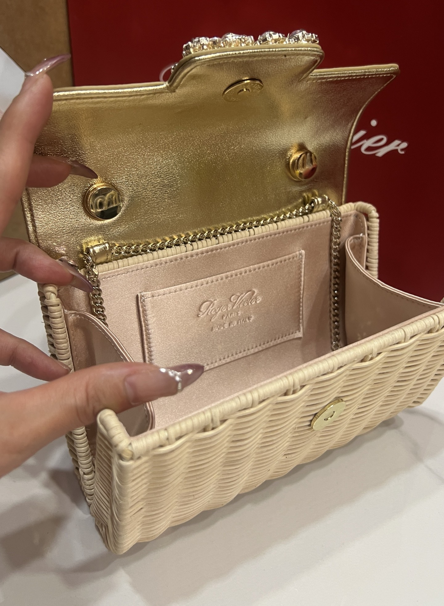 “Roger Vividr Crystal Handbag: Holiday-themed, Cow Skin, Water Drills, Embossed Caps” - 图片 9