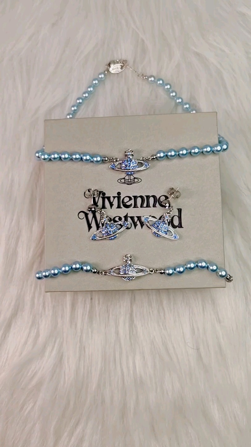 Vivienne Westwood 西太后蓝色土星珍珠项链手链耳环套装