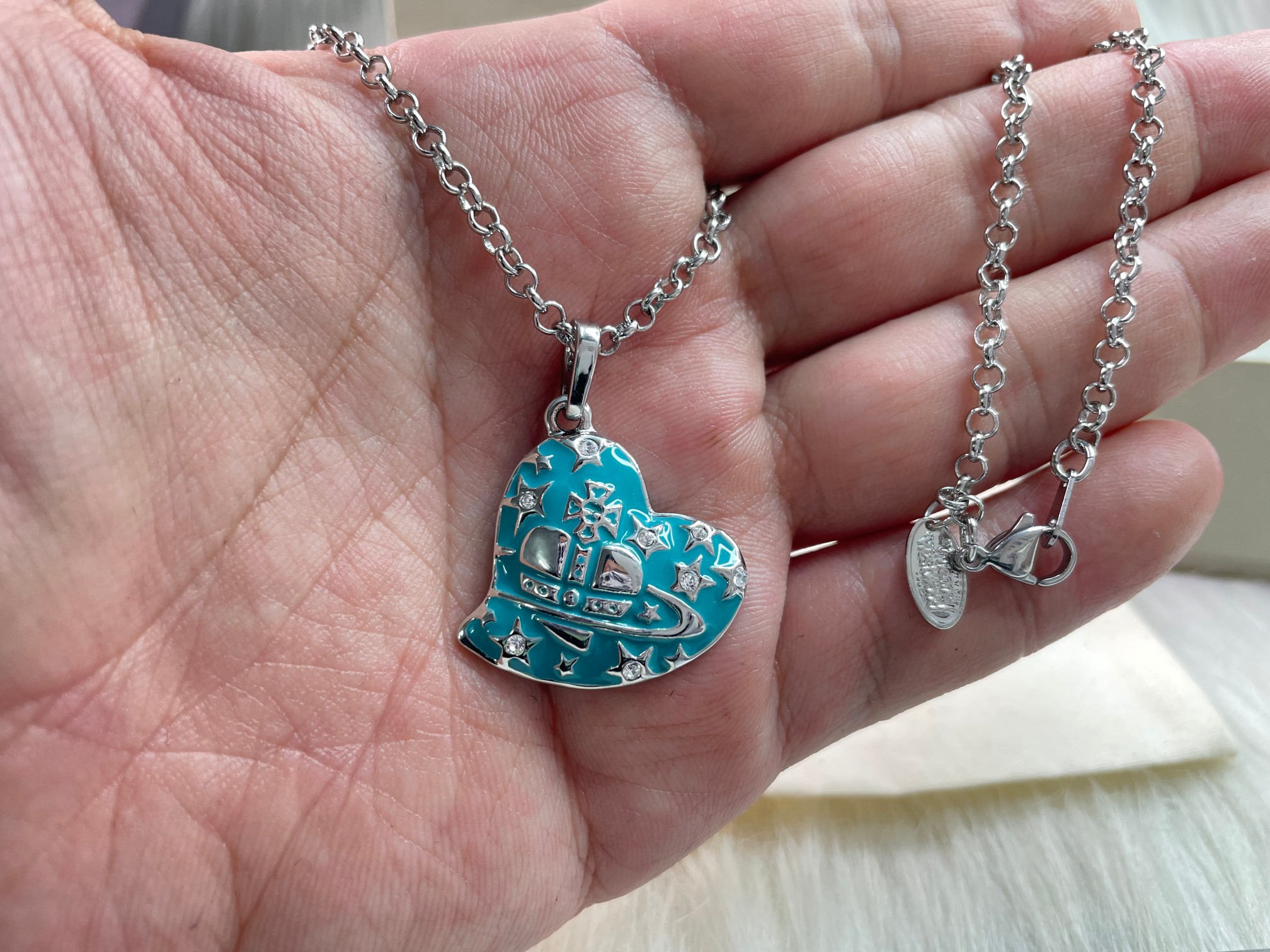 NO:103124,Queen Mother of the Cities, Stars, Love Necklace, Double-sided Different One Sea Orchid, Queen Mother of the Cities, Necklace19860909西太后 满天星爱心项链 双面不同 一海兰色,西太后项链,necklace,Jewelry