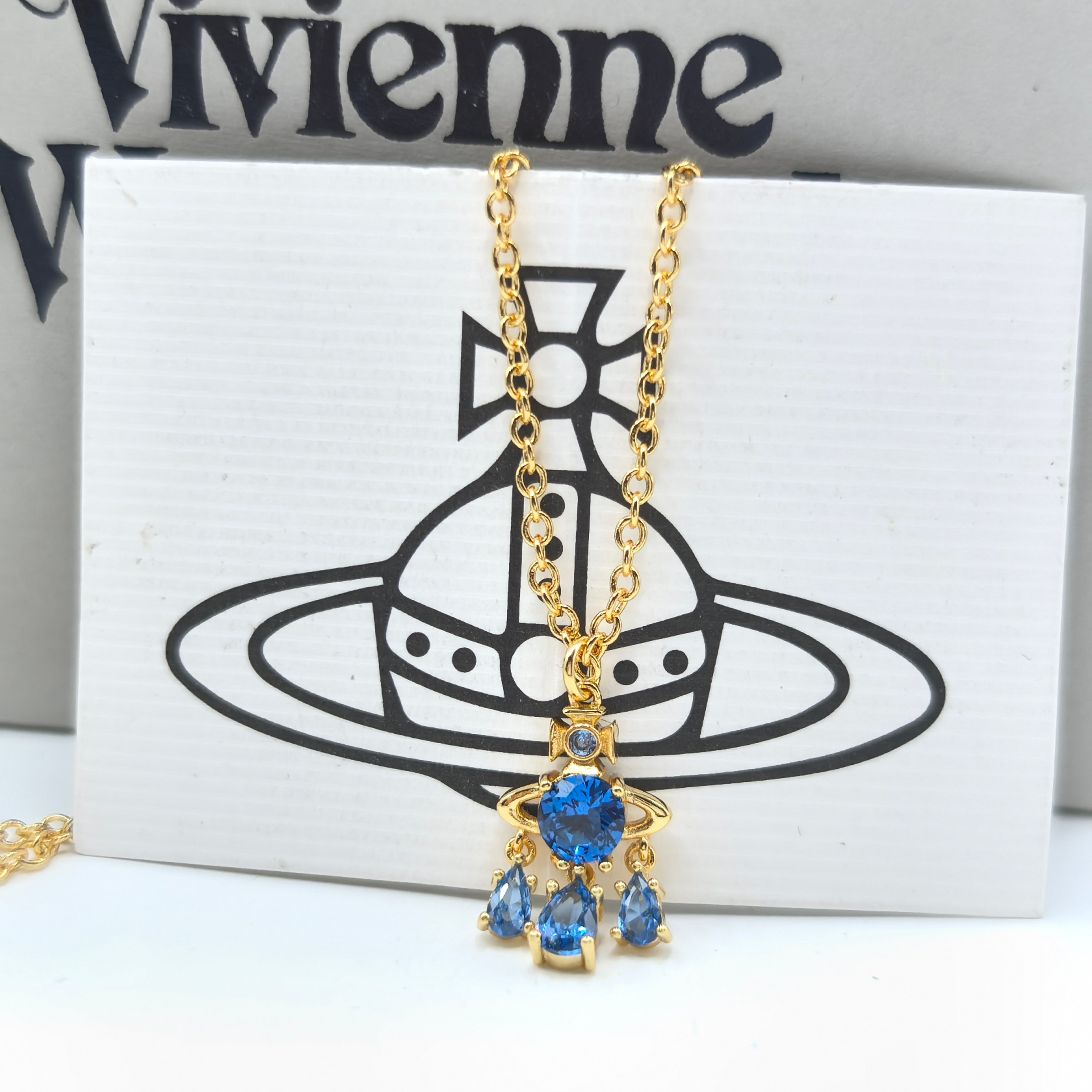 Vivienne Westwood 西太后捕梦网兰色水滴锆石黄金色项链耳环套装