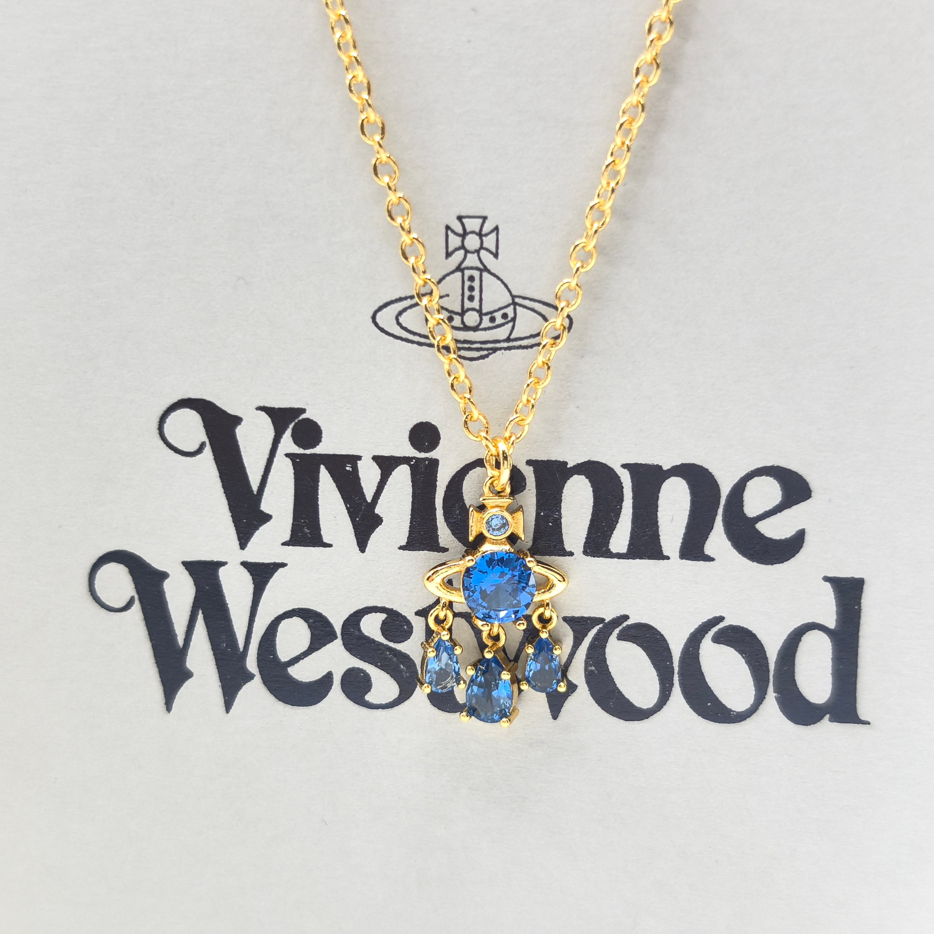 Vivienne Westwood 西太后捕梦网兰色水滴锆石黄金色项链耳环套装