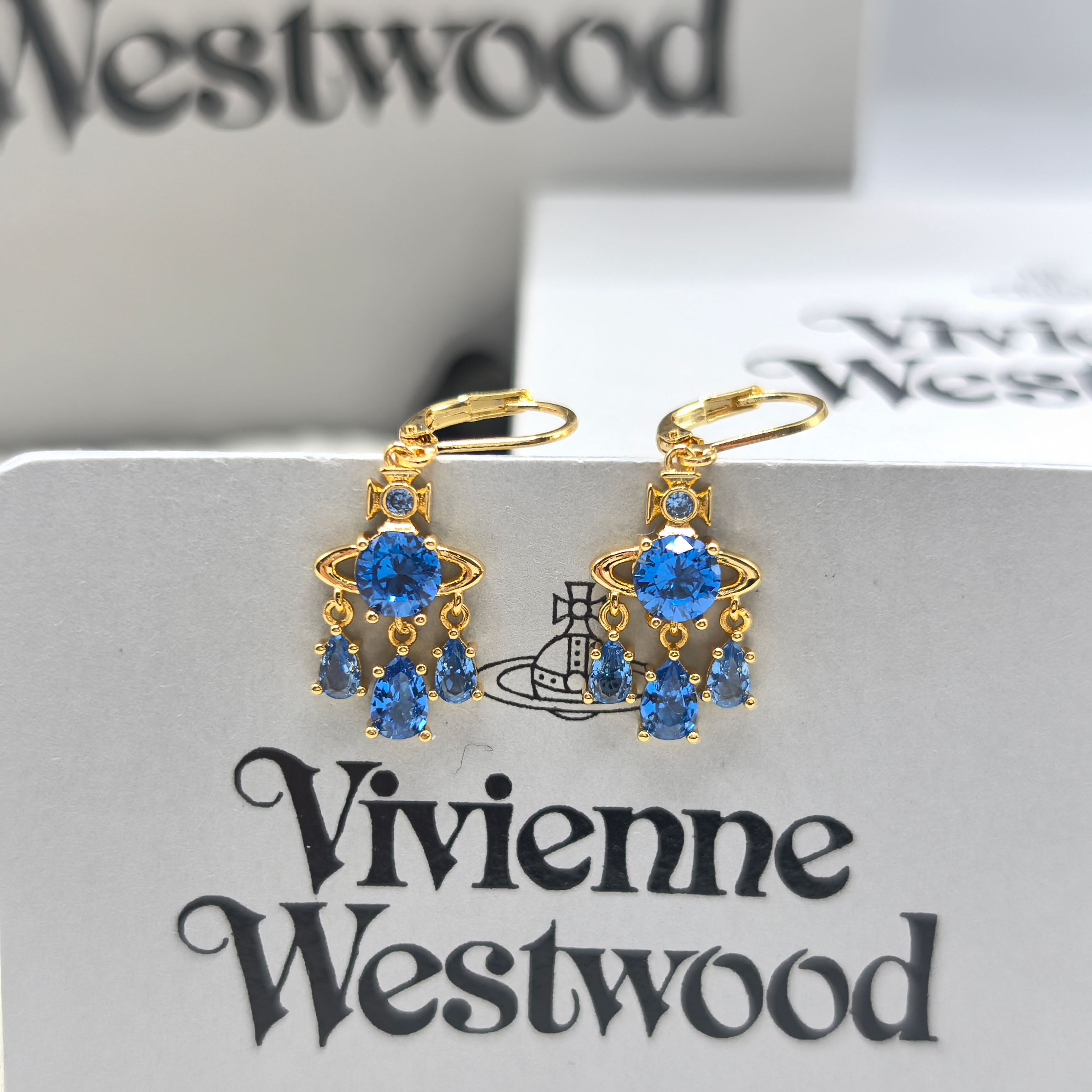 Vivienne Westwood 西太后捕梦网兰色水滴锆石黄金色项链耳环套装
