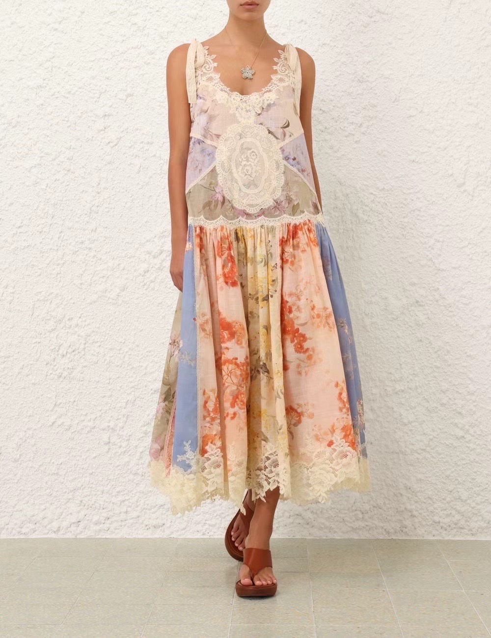 Elegant Floral Print Lace Cotton Dress with Shoulder Tie Straps 6 i1757907281029 5426 0 8