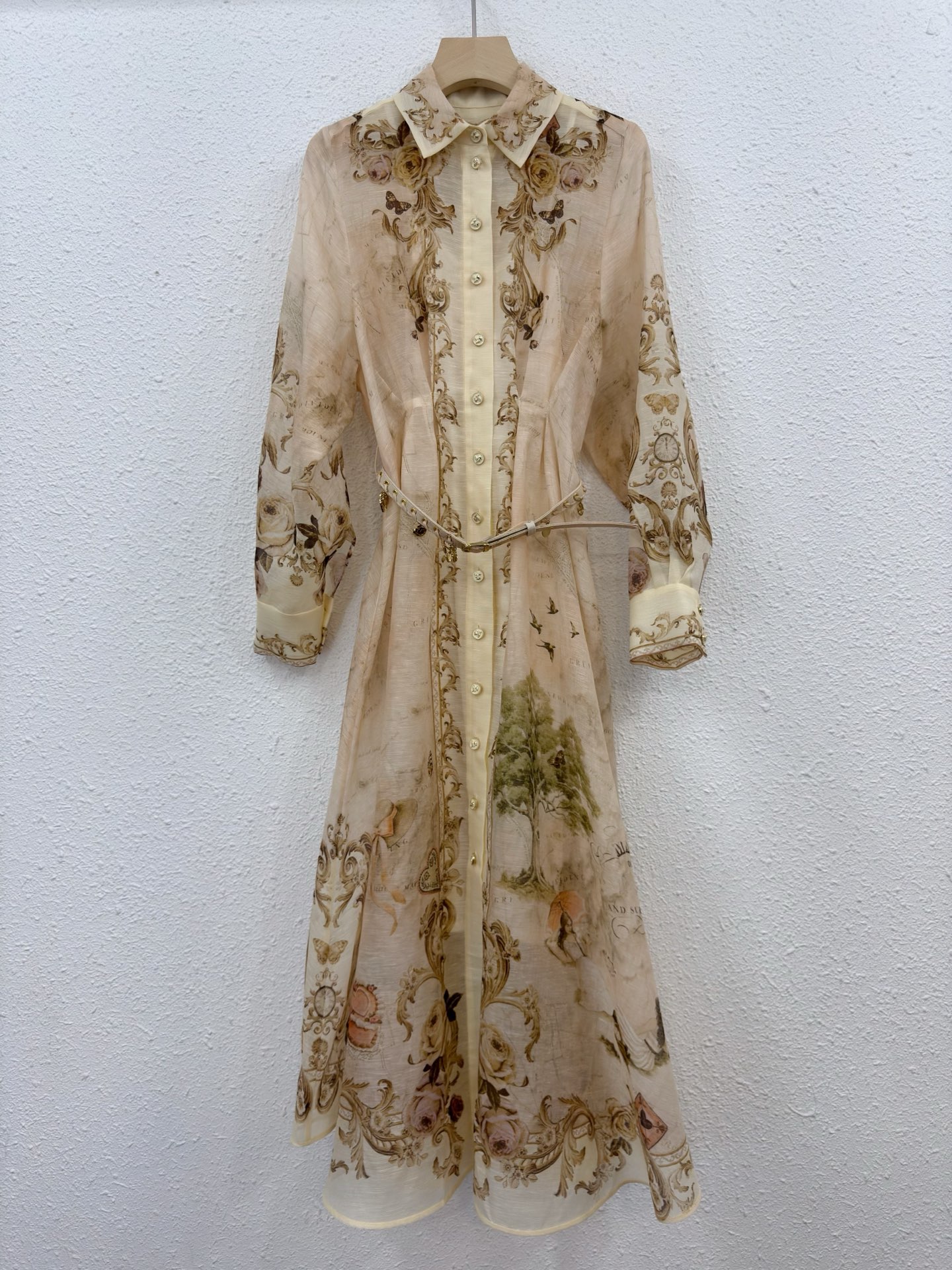 Elegant Floral Print Silk Linen Dress with Pendant Belt – Versatile Style