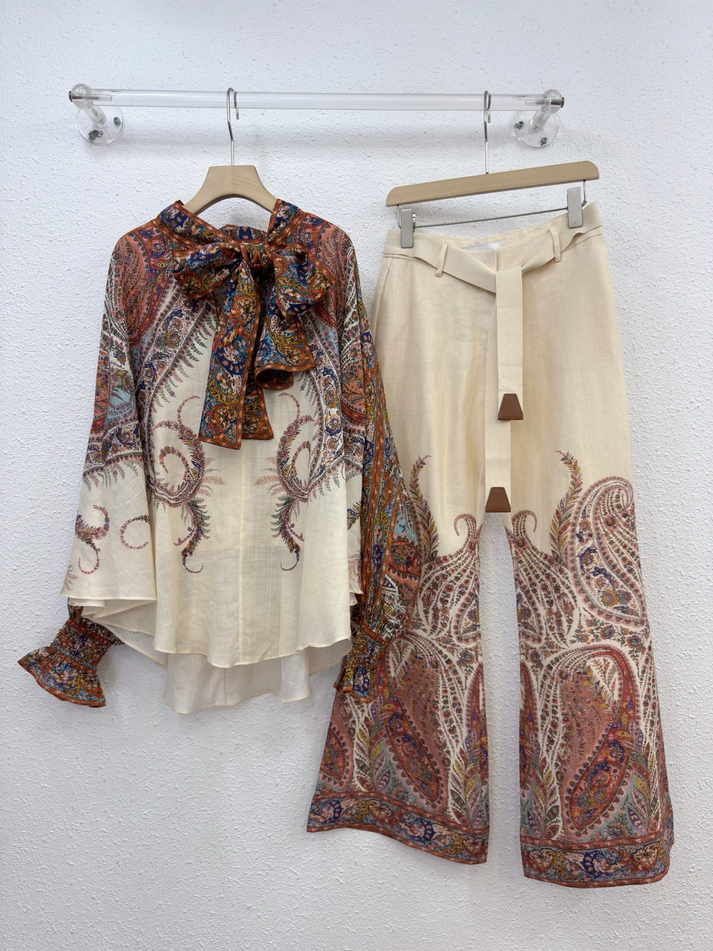 Paisley Print Linen Blend Top & Flared Pants Set – Creamy Bohemian Style